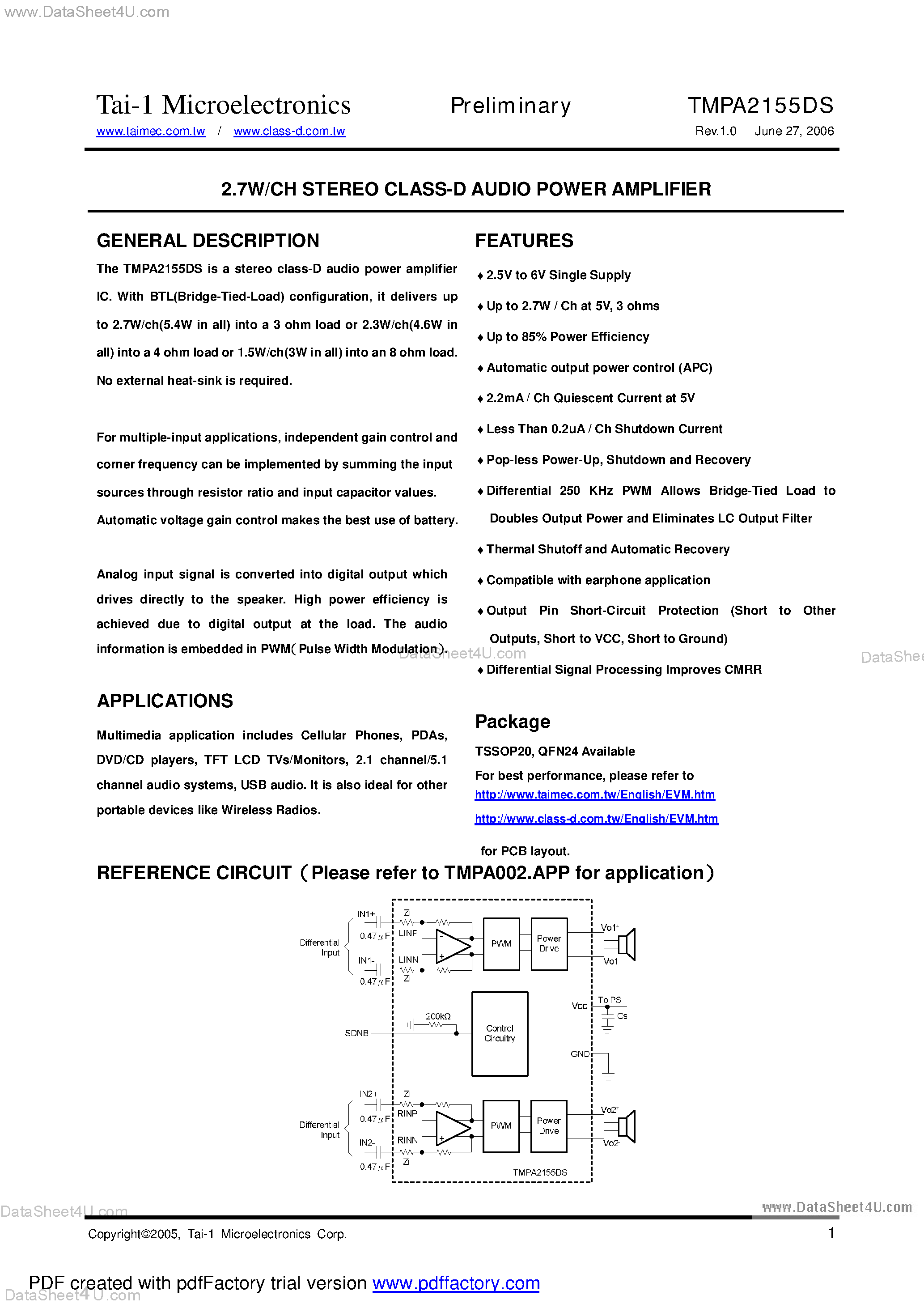Даташит TMPA2155DS - 2.7W/CH STEREO CLASS-D AUDIO POWER AMPLIFIER страница 1