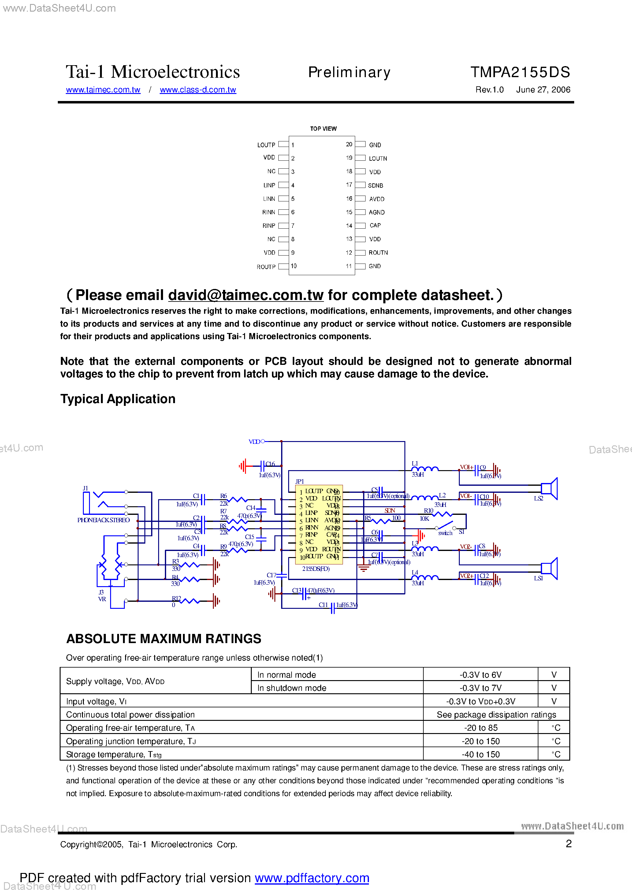 Даташит TMPA2155DS - 2.7W/CH STEREO CLASS-D AUDIO POWER AMPLIFIER страница 2