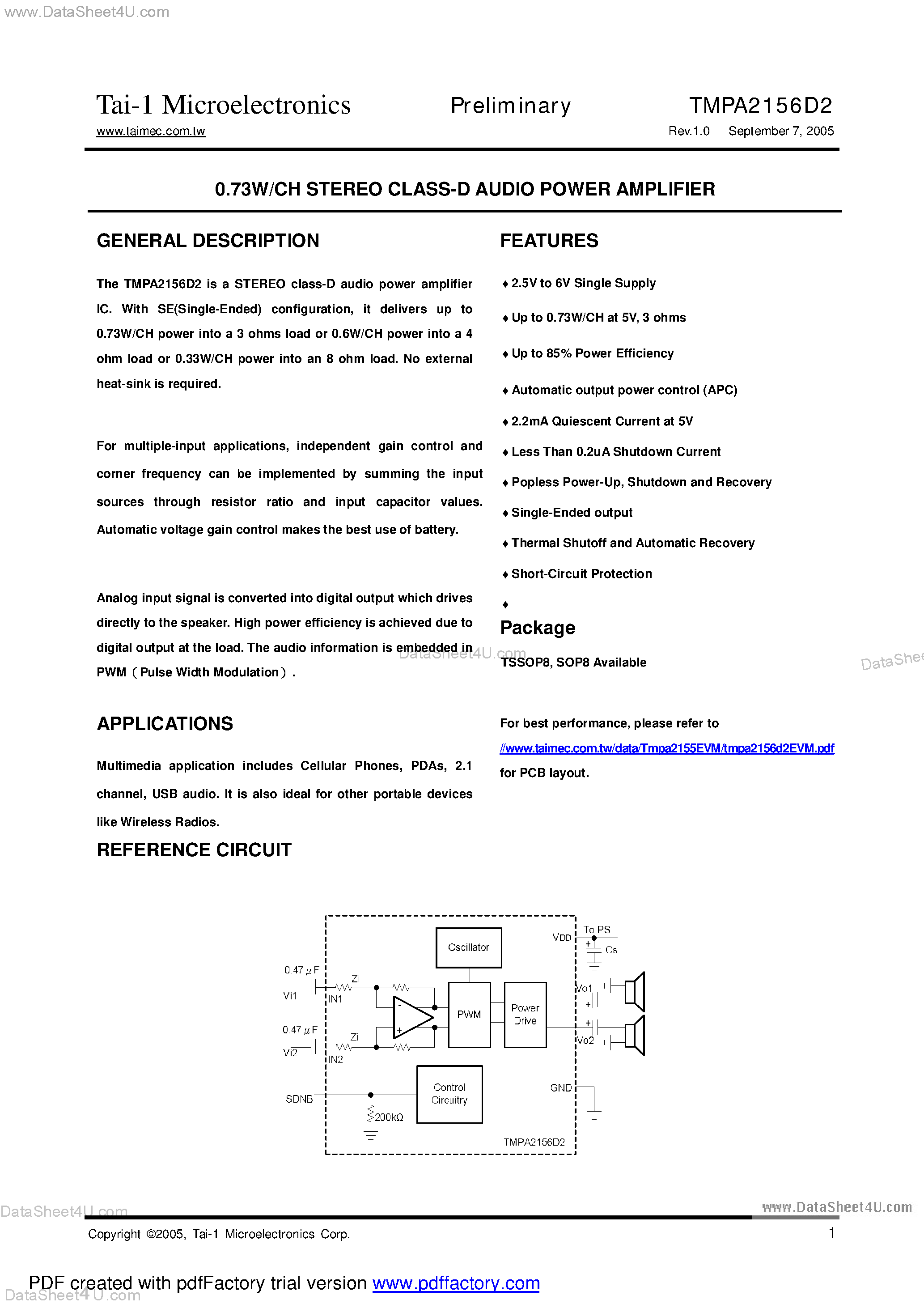 Datasheet TMPA2156D2 - 0.73W/CH STEREO CLASS-D AUDIO POWER AMPLIFIER page 1