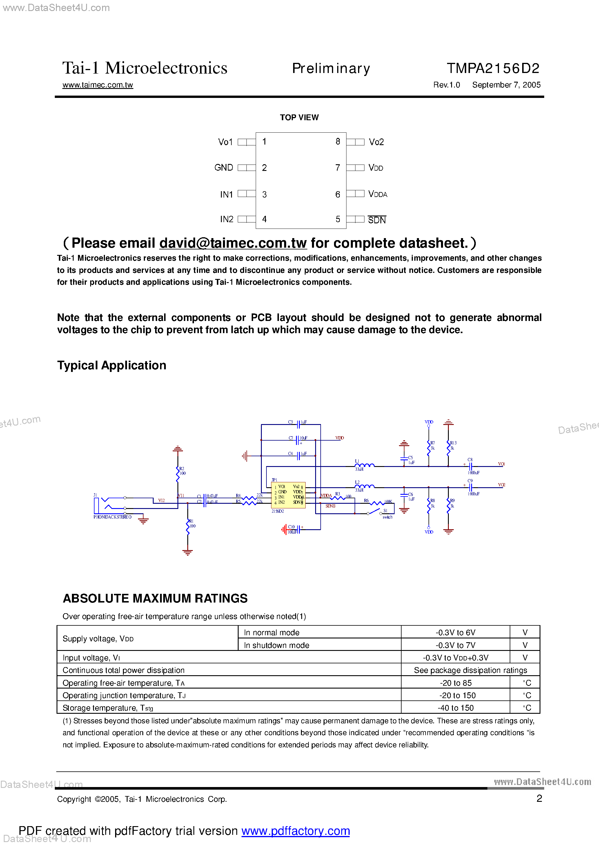 Datasheet TMPA2156D2 - 0.73W/CH STEREO CLASS-D AUDIO POWER AMPLIFIER page 2