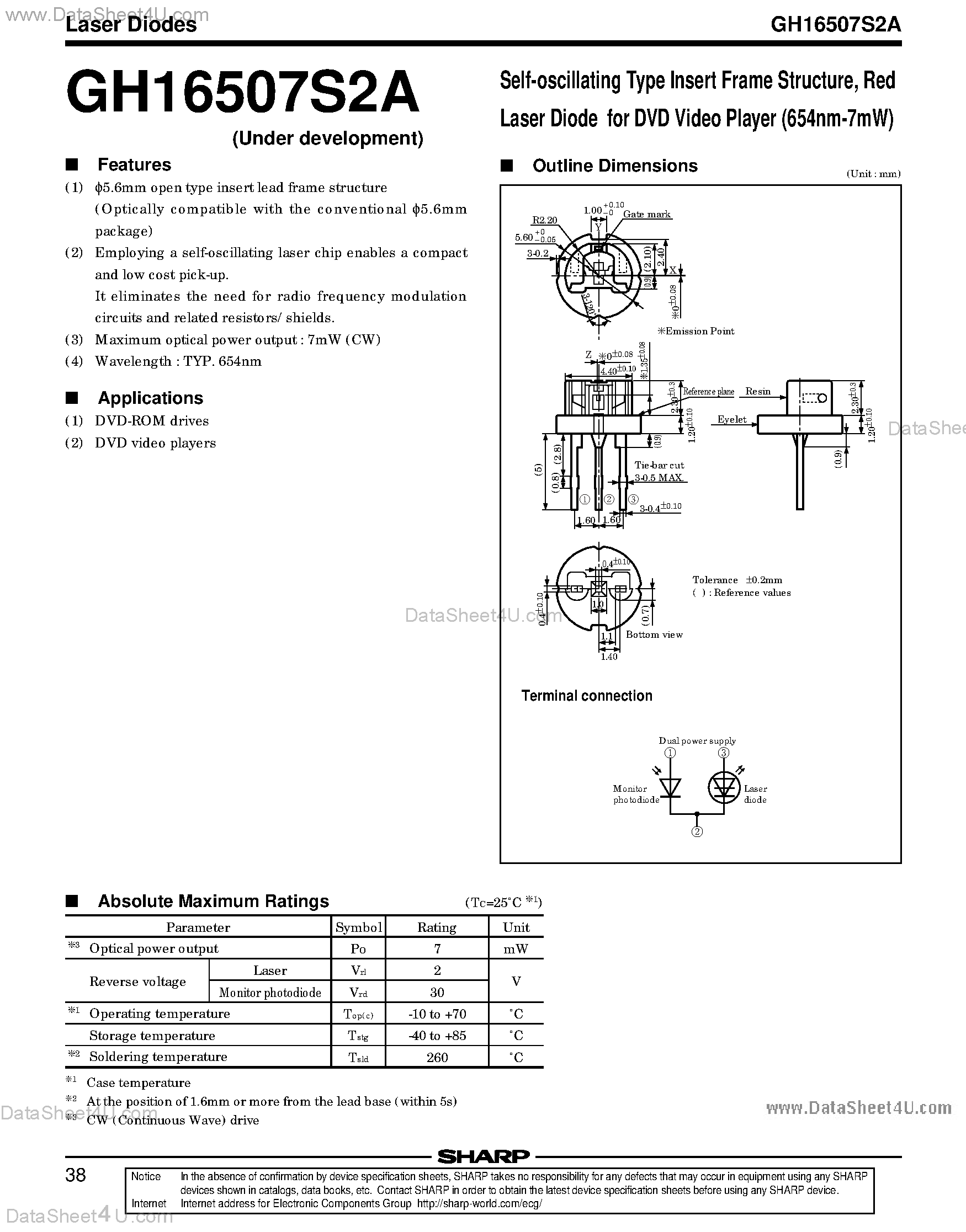 Даташит GH16507S2A - LASER DIODE W/MONITOR страница 1