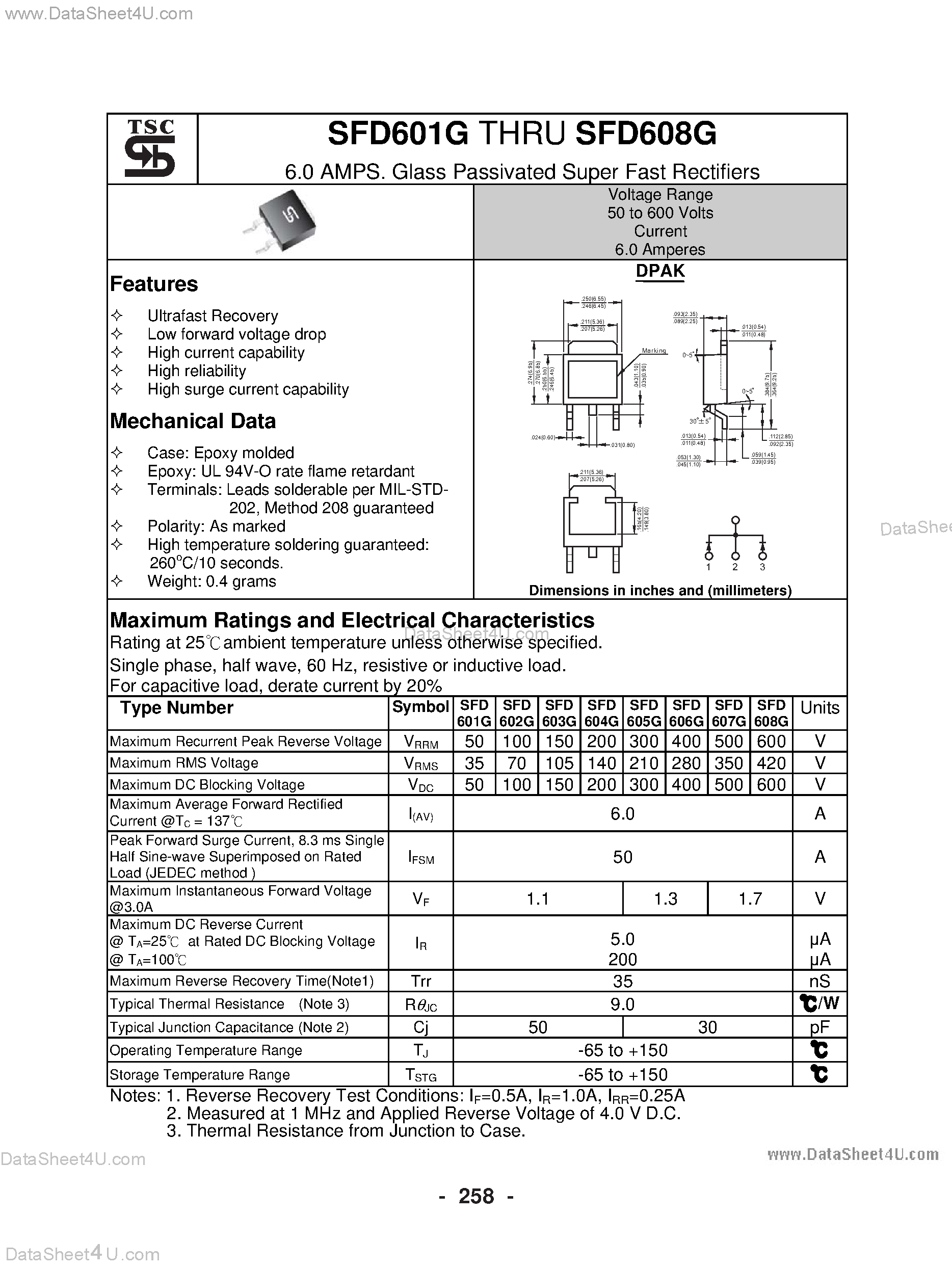 Даташит SFD601G - (SFD601G - SFD608G) 6.0 AMPS. Glass Passivated Super Fast Rectifiers страница 1