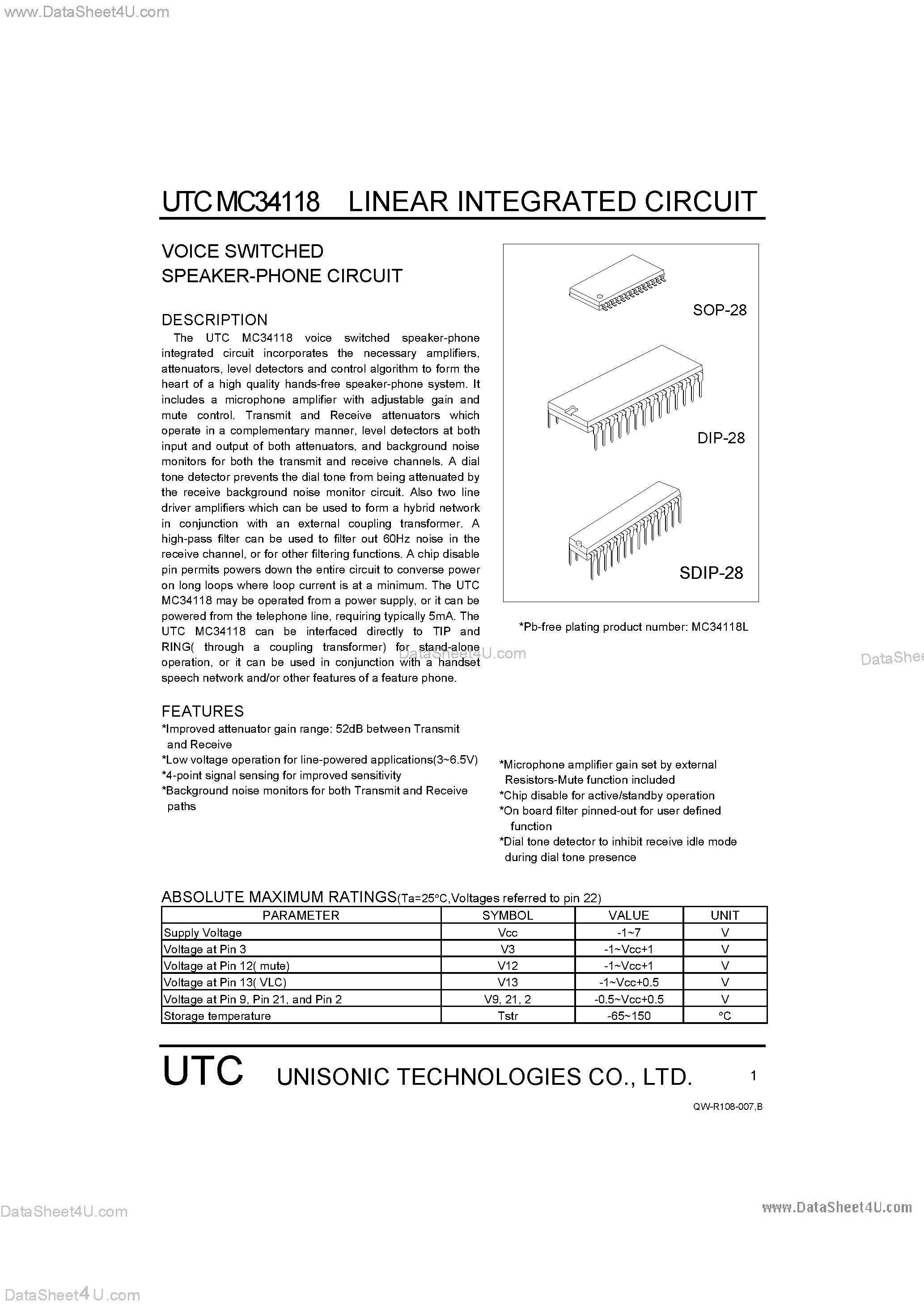 Даташит MC34118 - Voice Switched Speaker Phone Circuit страница 1