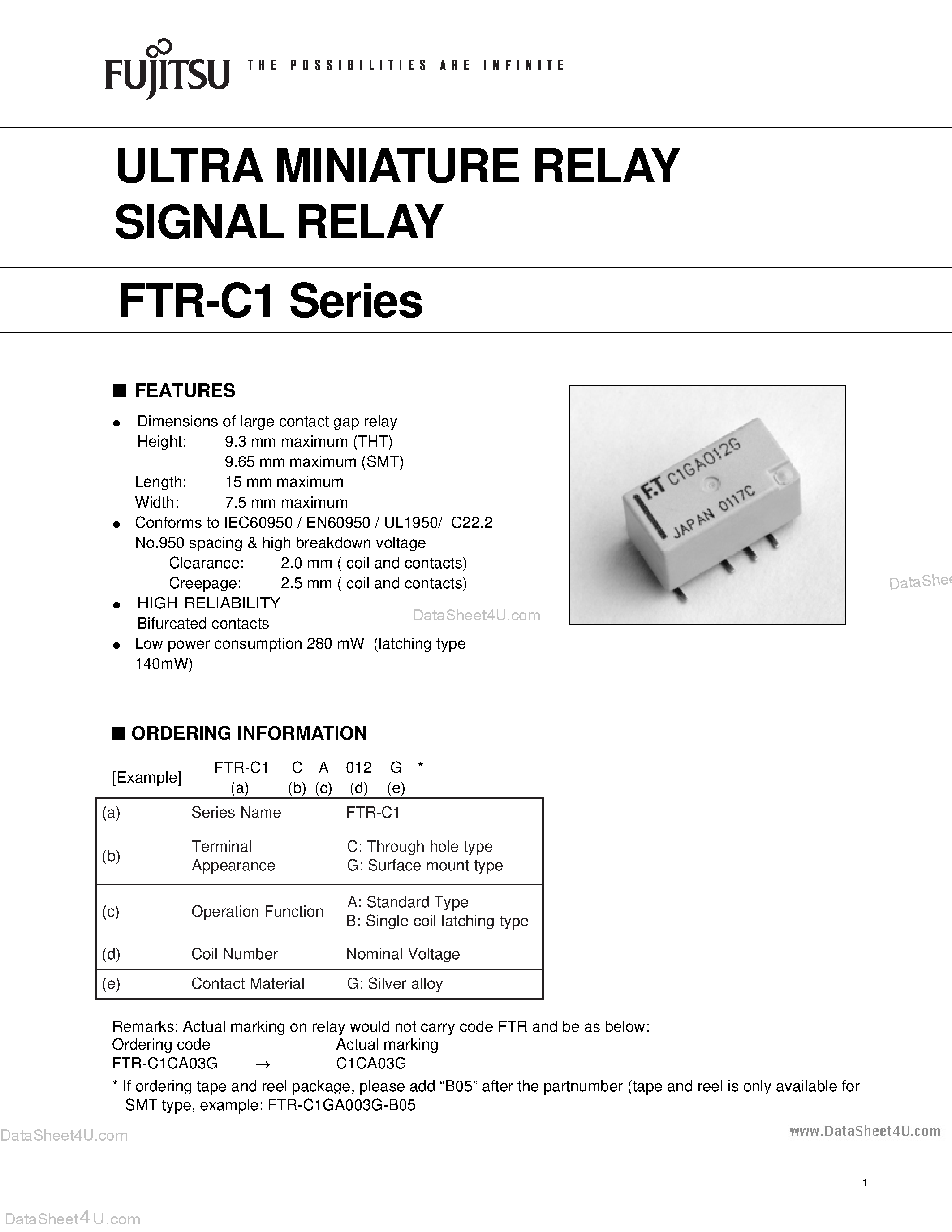 Даташит FTR-C1 - Ultra Miniature Relay Signal Relay страница 1