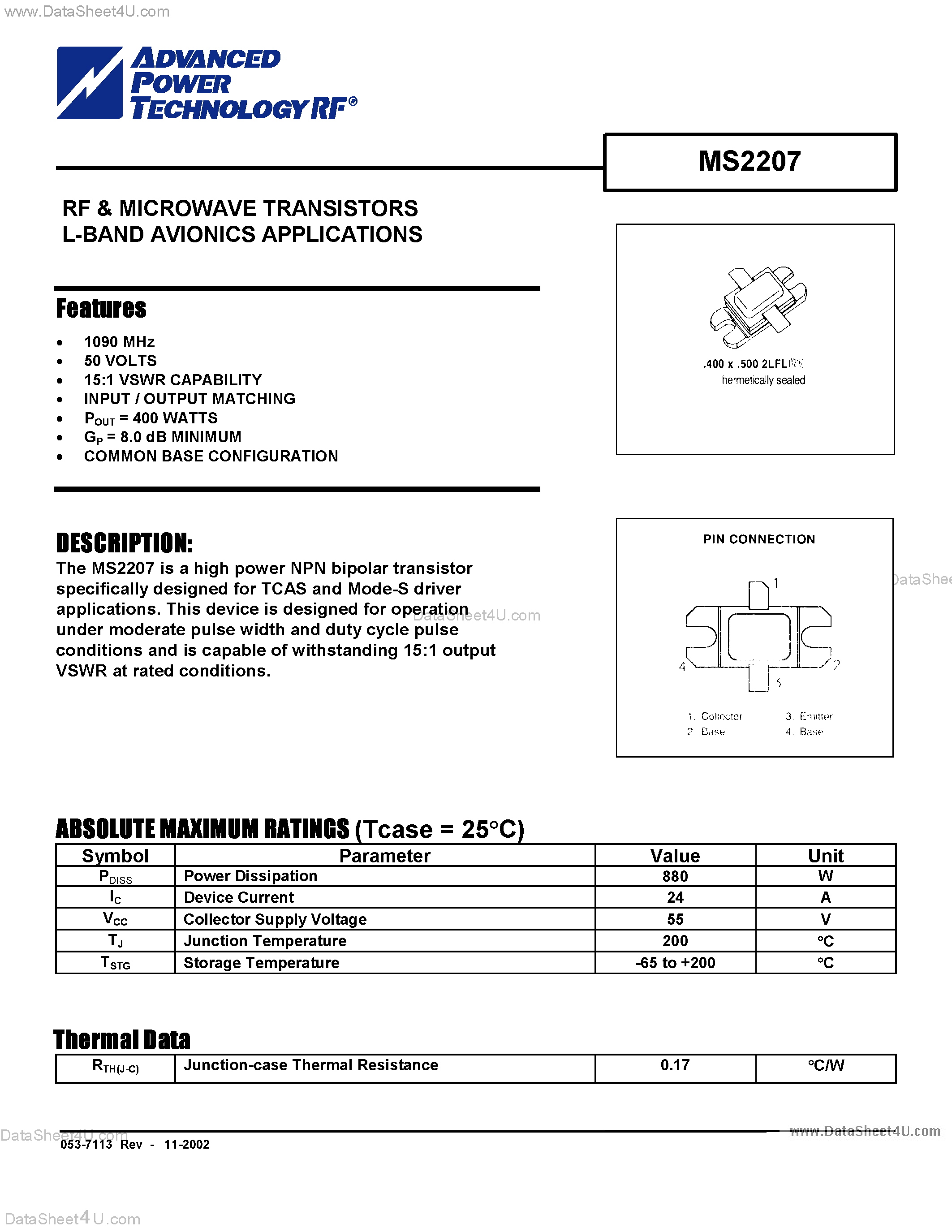 Datasheet MS2207 - RF & MICROWAVE TRANSISTORS L-BAND AVIONICS APPLICATIONS page 1