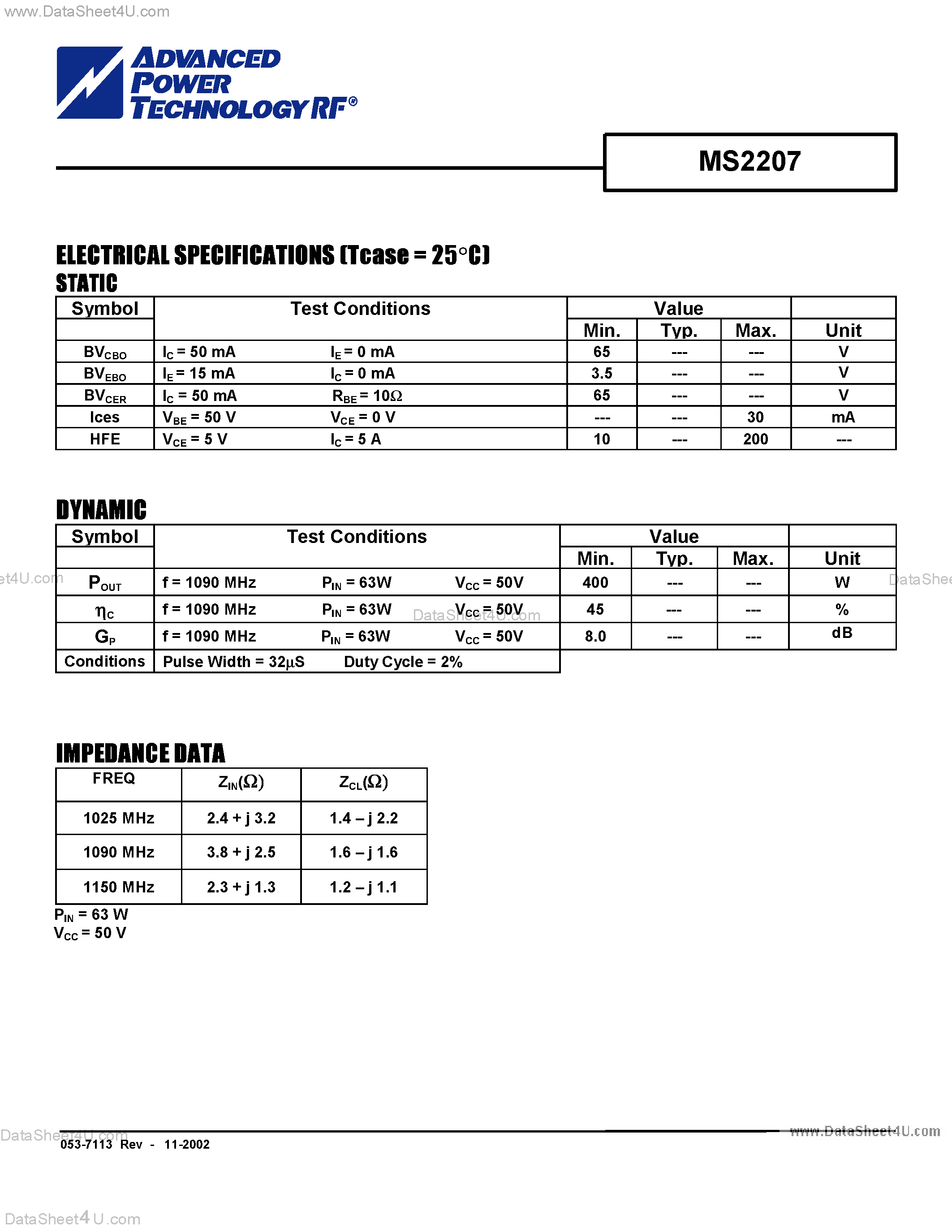 Datasheet MS2207 - RF & MICROWAVE TRANSISTORS L-BAND AVIONICS APPLICATIONS page 2