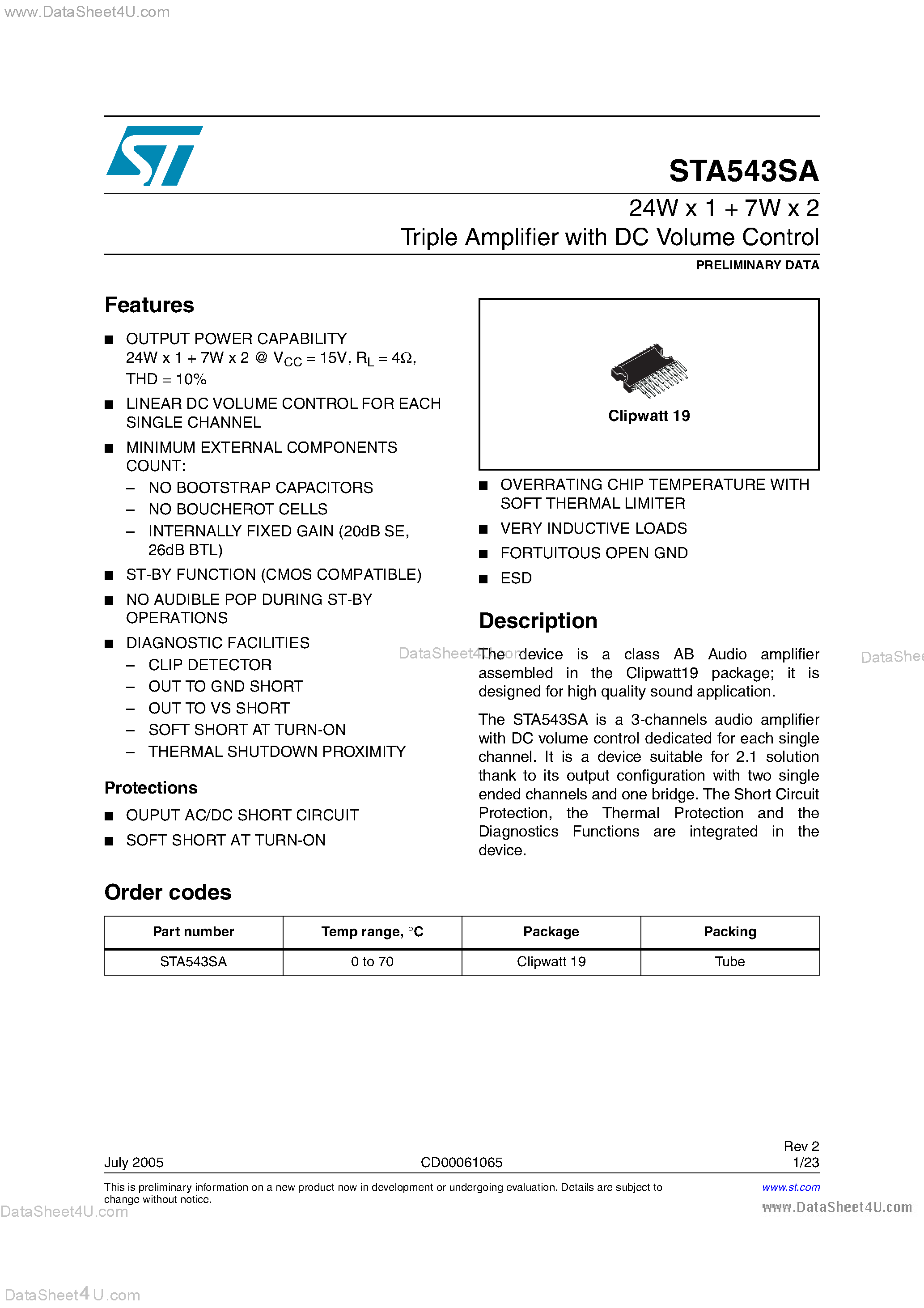 Даташит STA543SA - Triple AMplifier страница 1