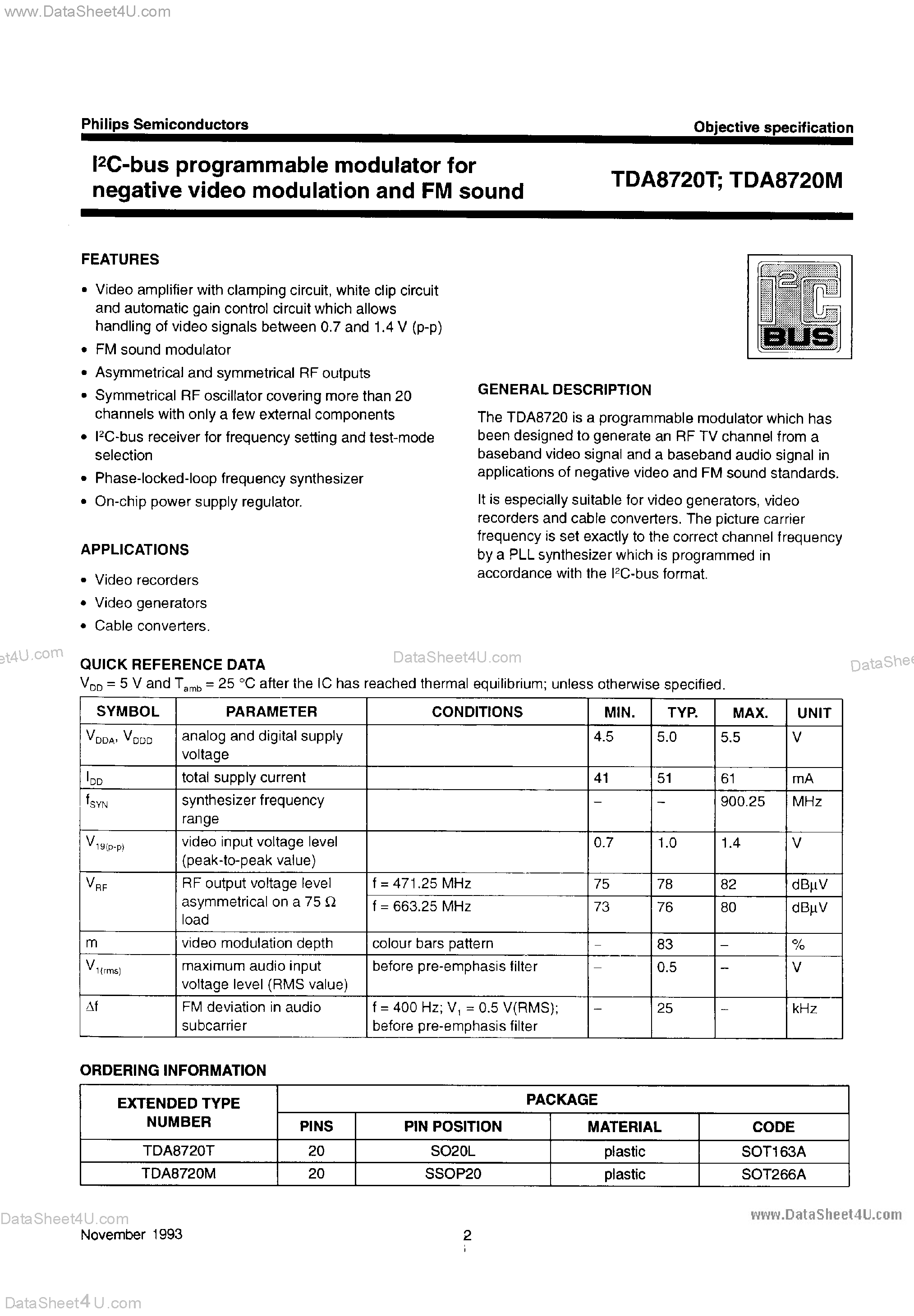 Даташит TDA8720M - I2C Bus Programmable Modulator страница 2