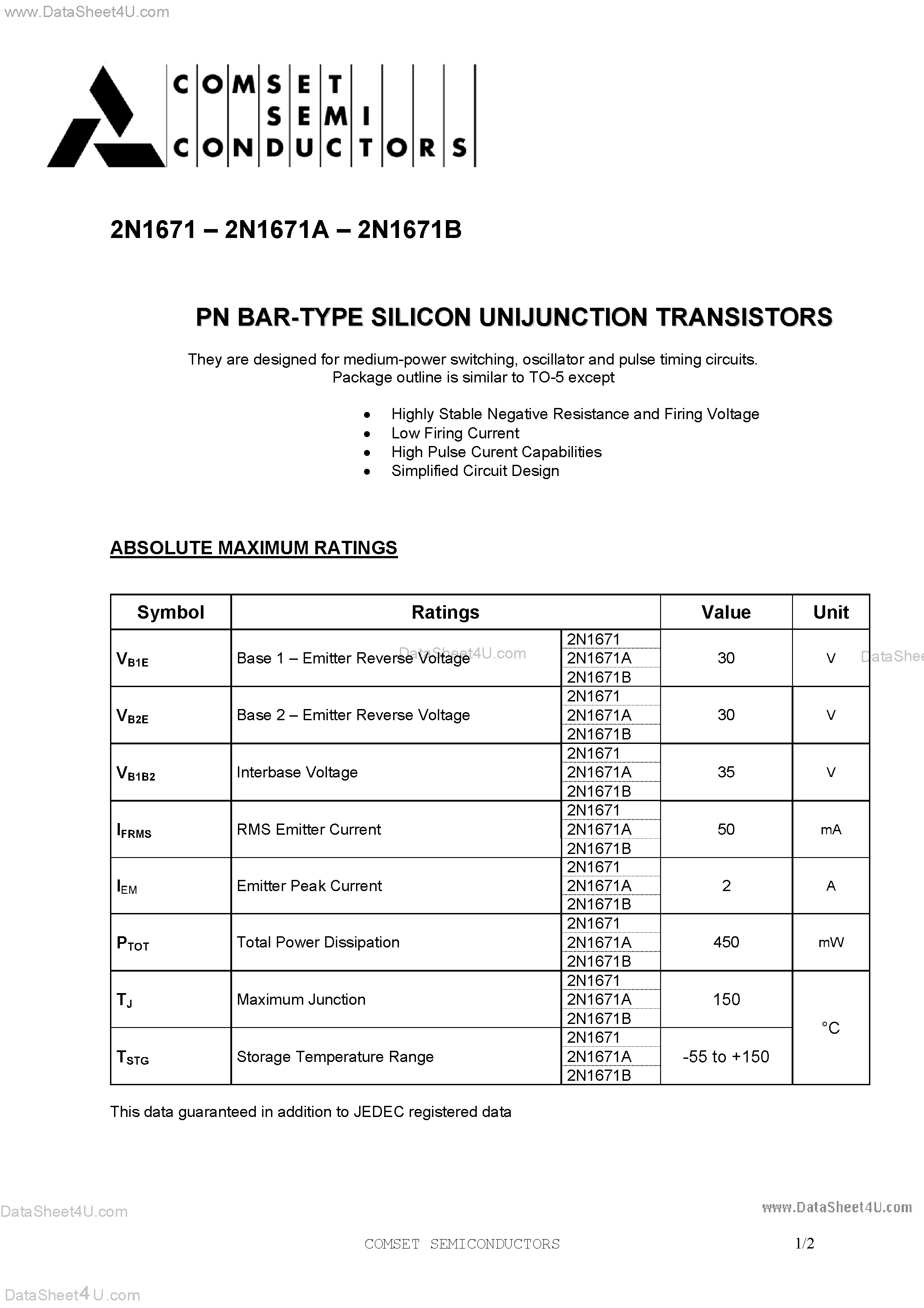 Даташит 2N1671 - Silicon Unijunction Transistors страница 1