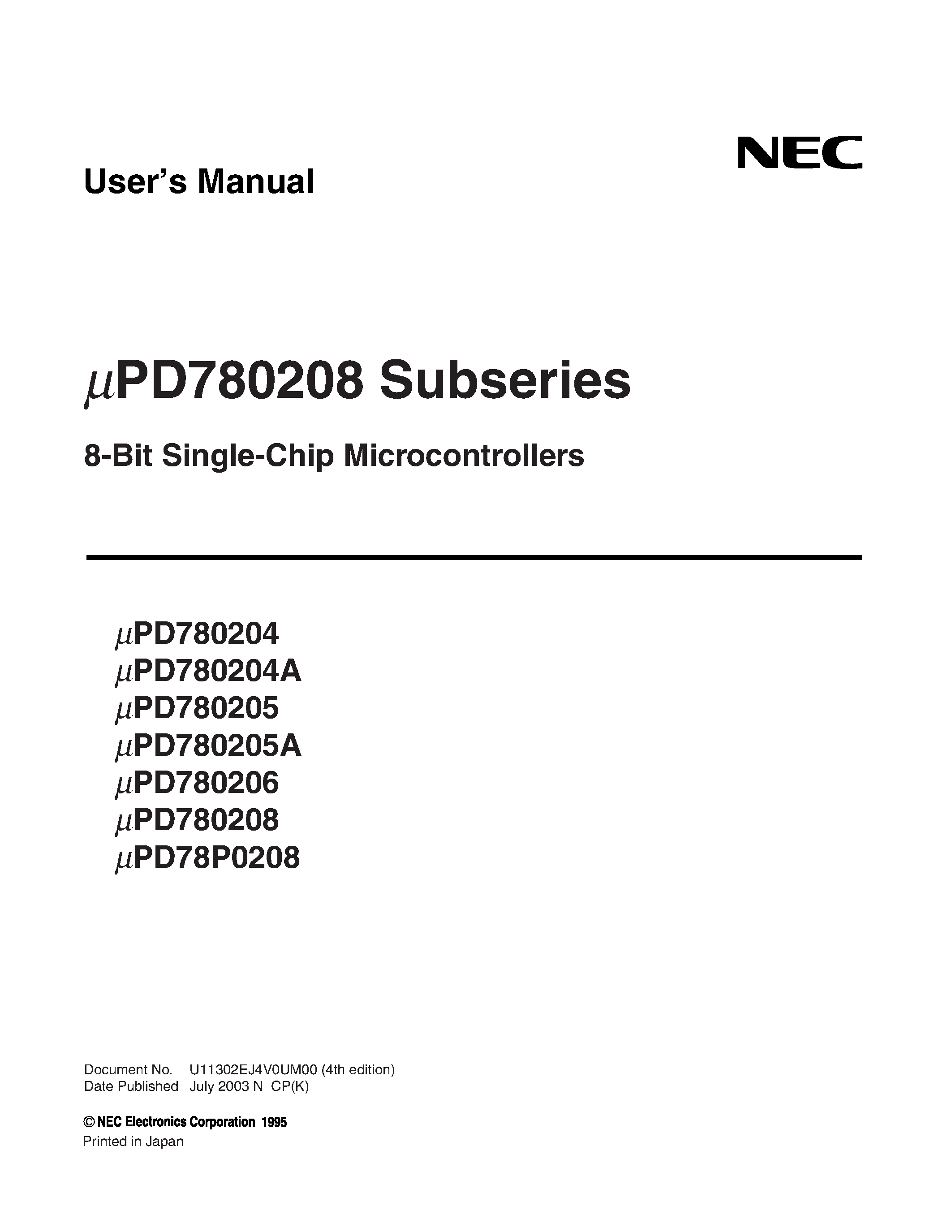 Даташит UPD78P0208 - (UPD78020x) 8-Bit Single-Chip Microcontrollers страница 1