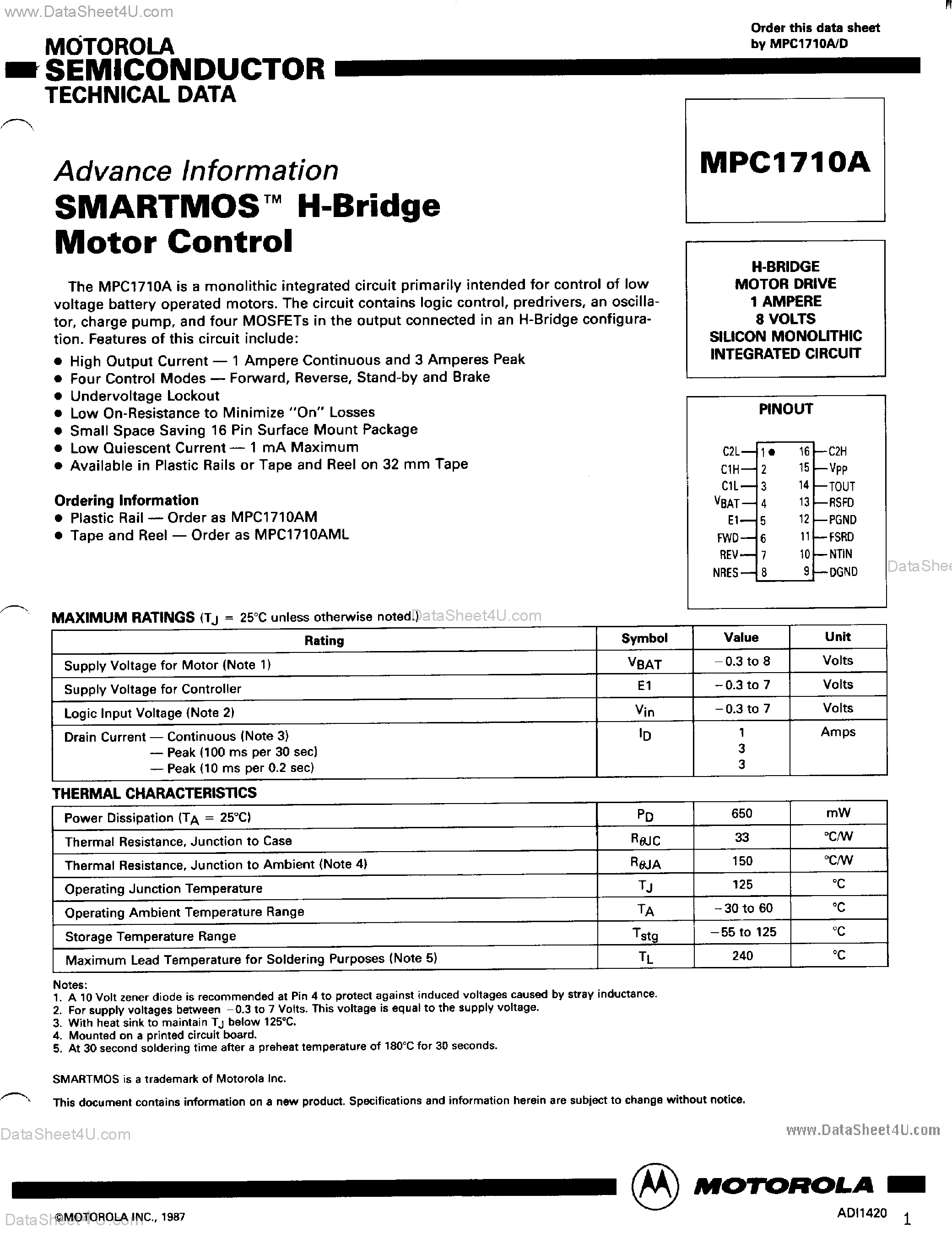 Даташит MPC1710A - Smart MOS H-Bridge Motor Control страница 1