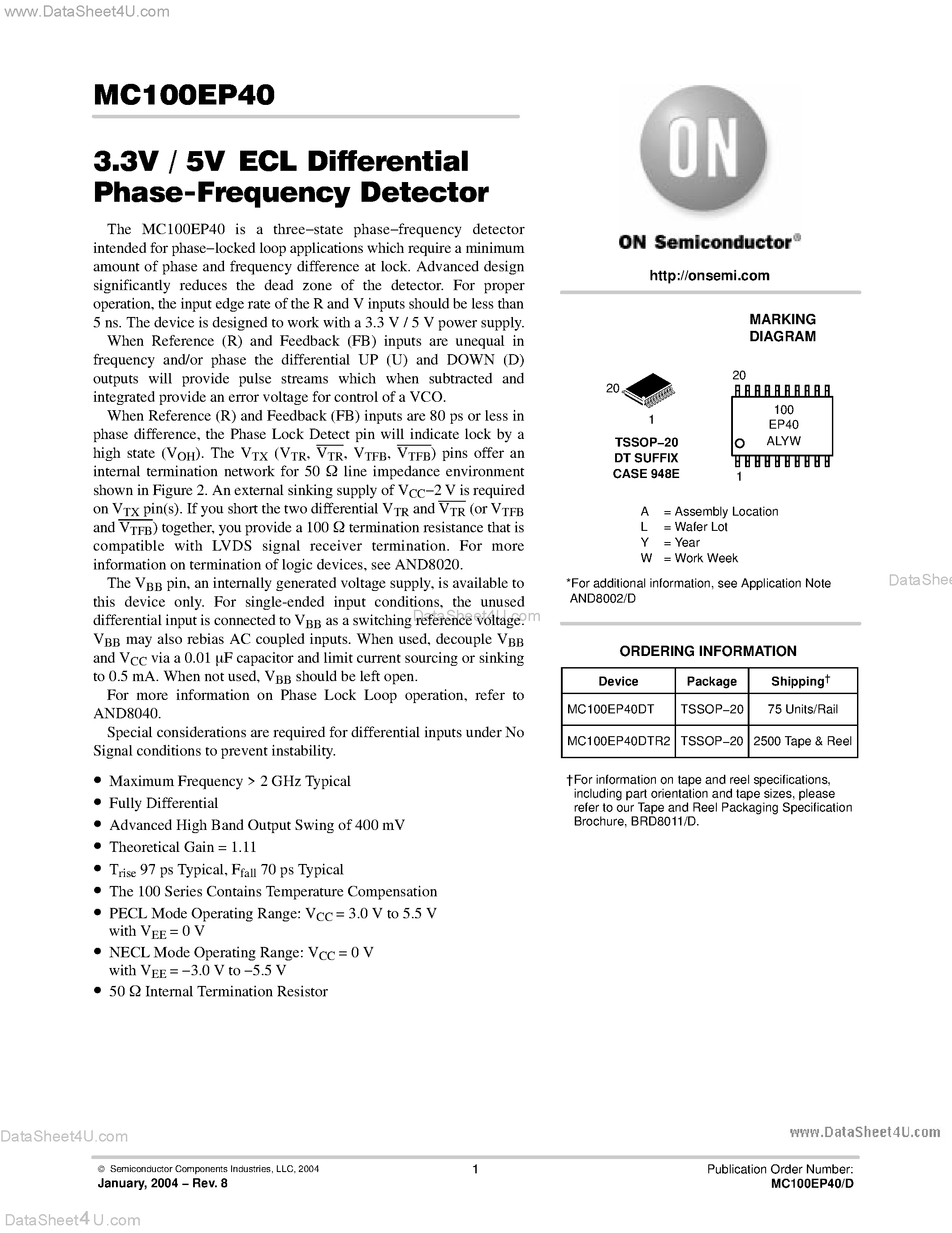 Datasheet MC100EP40 - 3.3V / 5V ECL Differential Phase-Frequency Detector page 1