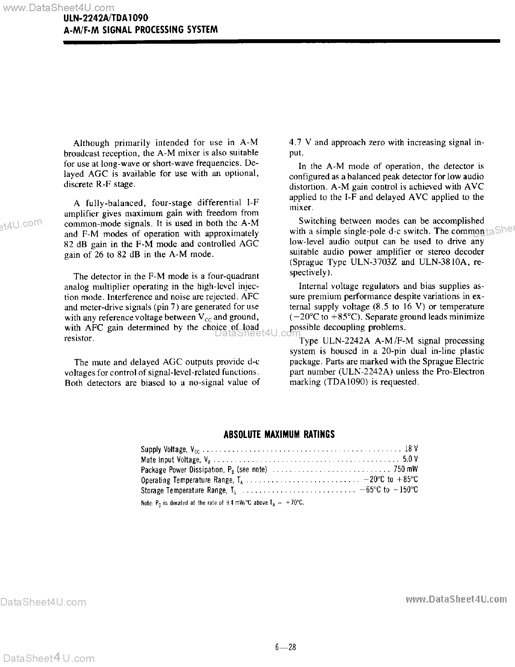 Datasheet TDA1090 - AM / FM Signal Processing System page 2