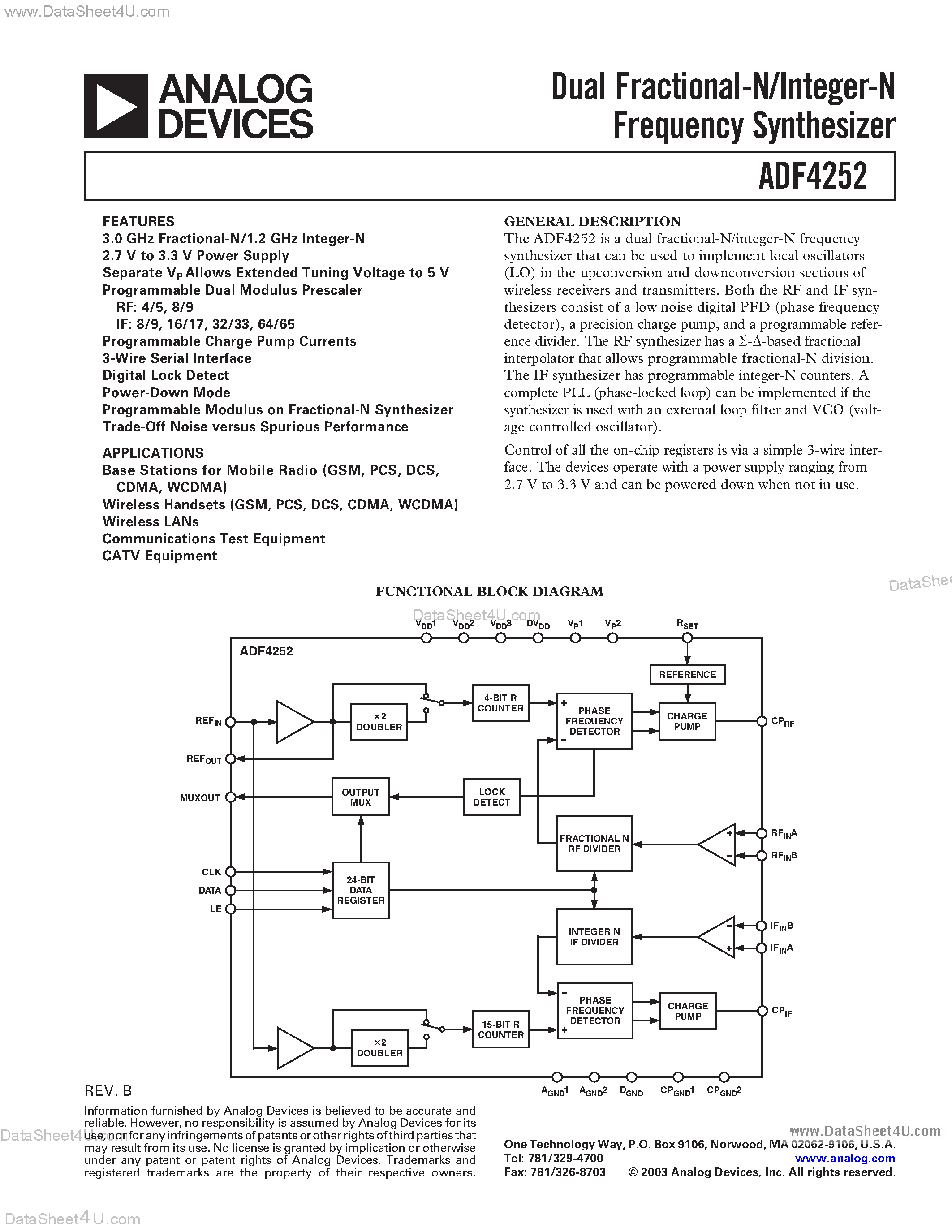 Даташит ADF4252 - Dual Fractional-N/Integer-N Frequency Synthesizer страница 1