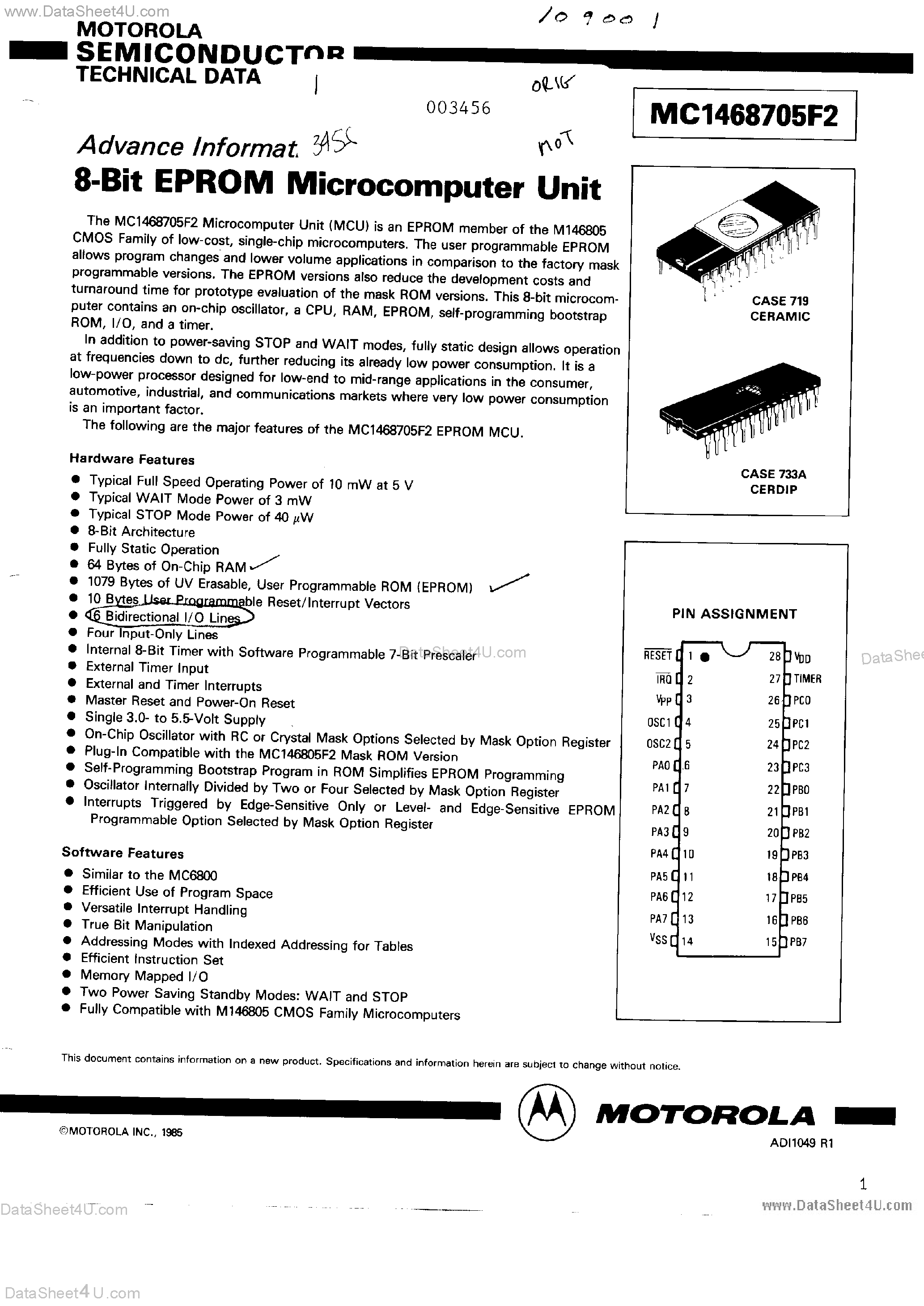 Datasheet MC1468705F2 - 8-Bit EPROM Microcomputer Unit page 1