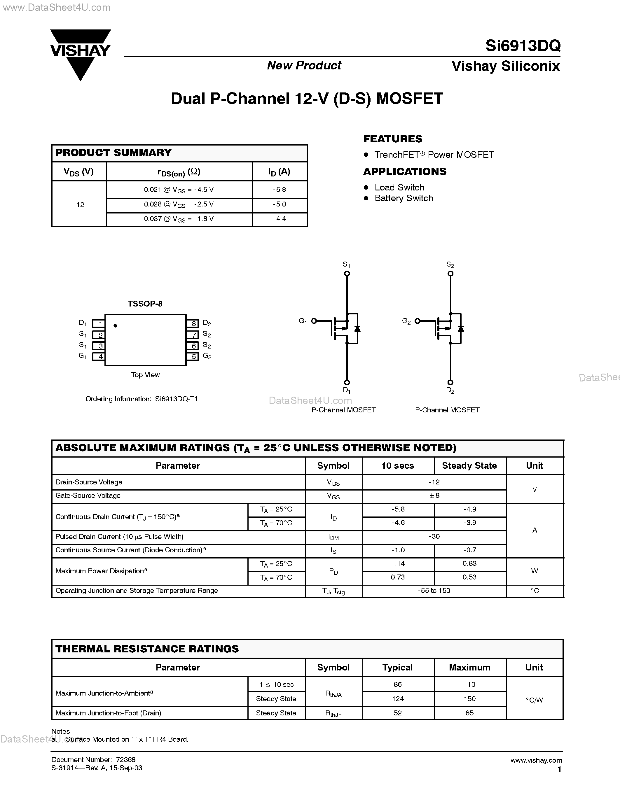 Даташит SI6913DQ - Dual P-Channel 12-V (D-S) MOSFET страница 1