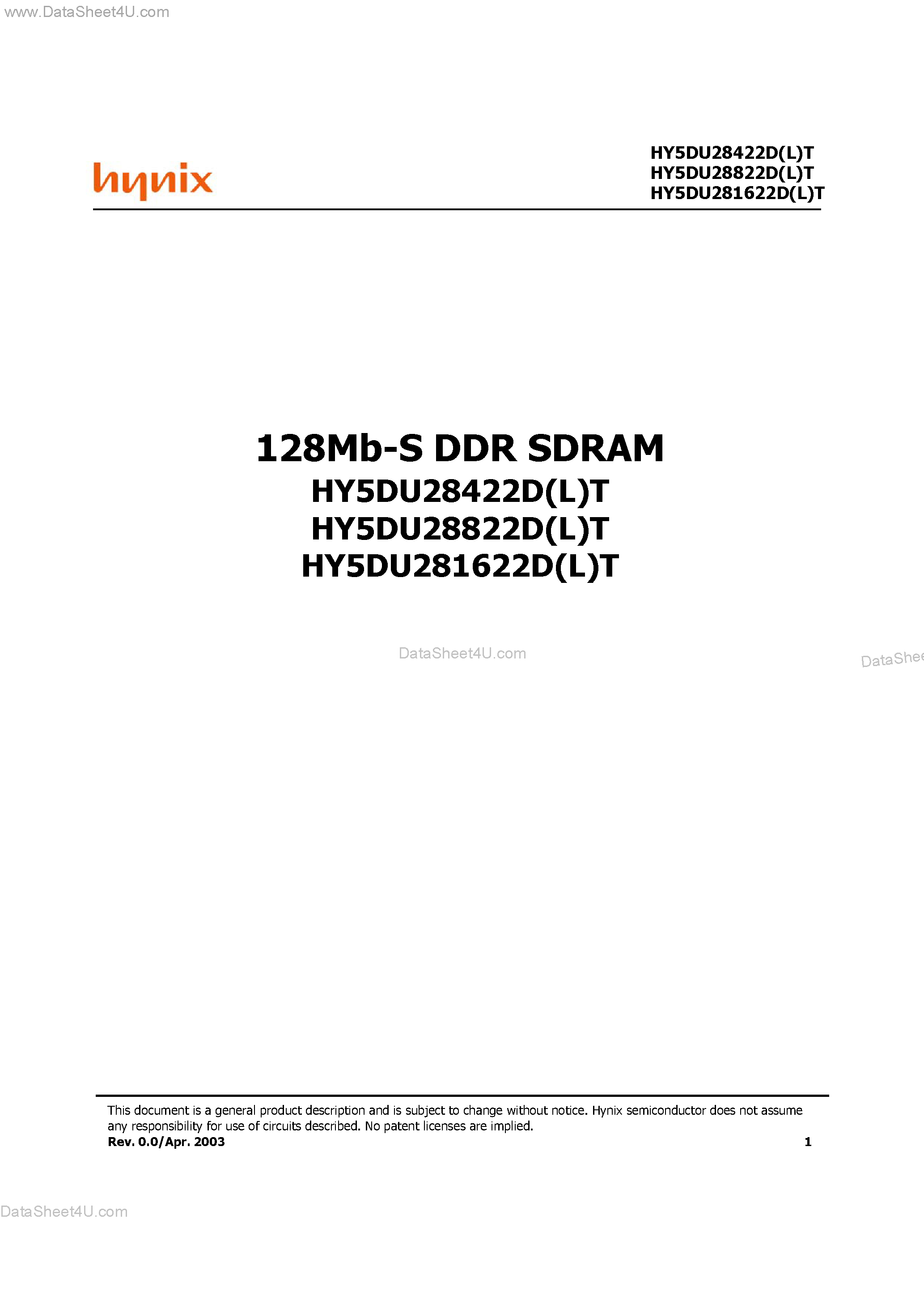 Datasheet HY5DU281622DT - (HY5DU28xx22D(L)T) 128Mb-S DDR SDRAM page 1