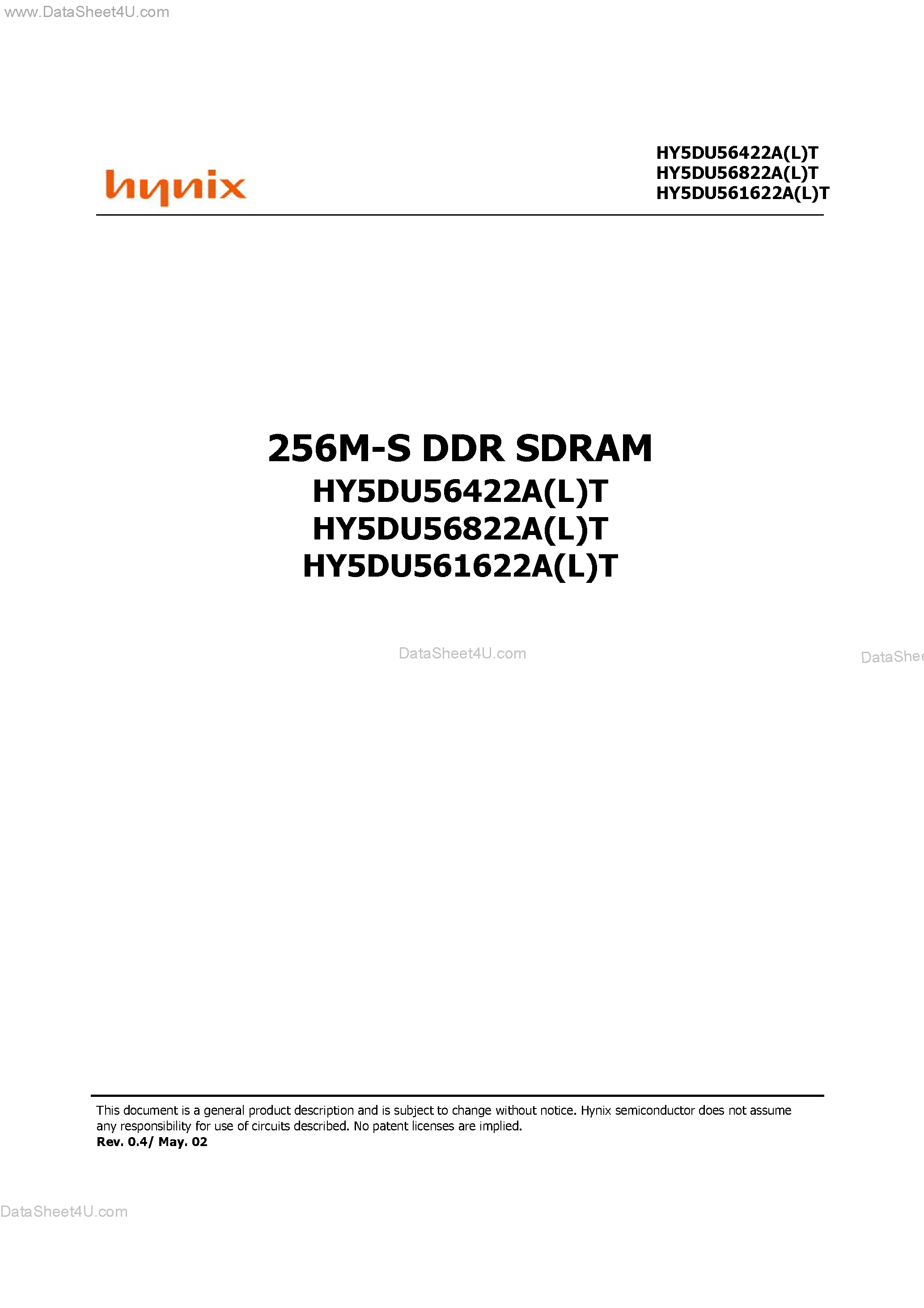 Datasheet HY5DU561622AT - (HY5DU56xx22A(L)T) 256M-S DDR SDRAM page 1