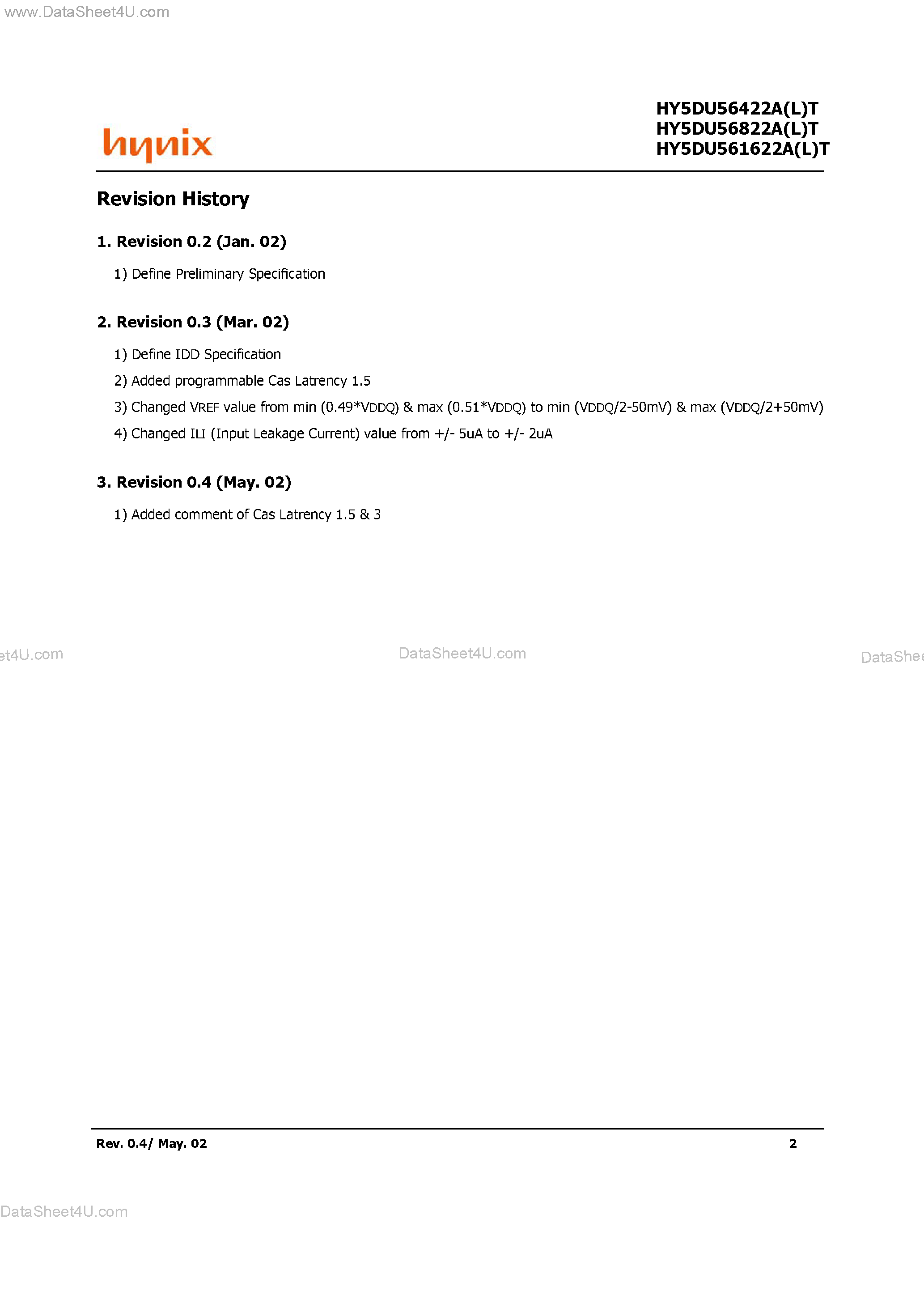 Datasheet HY5DU561622AT - (HY5DU56xx22A(L)T) 256M-S DDR SDRAM page 2