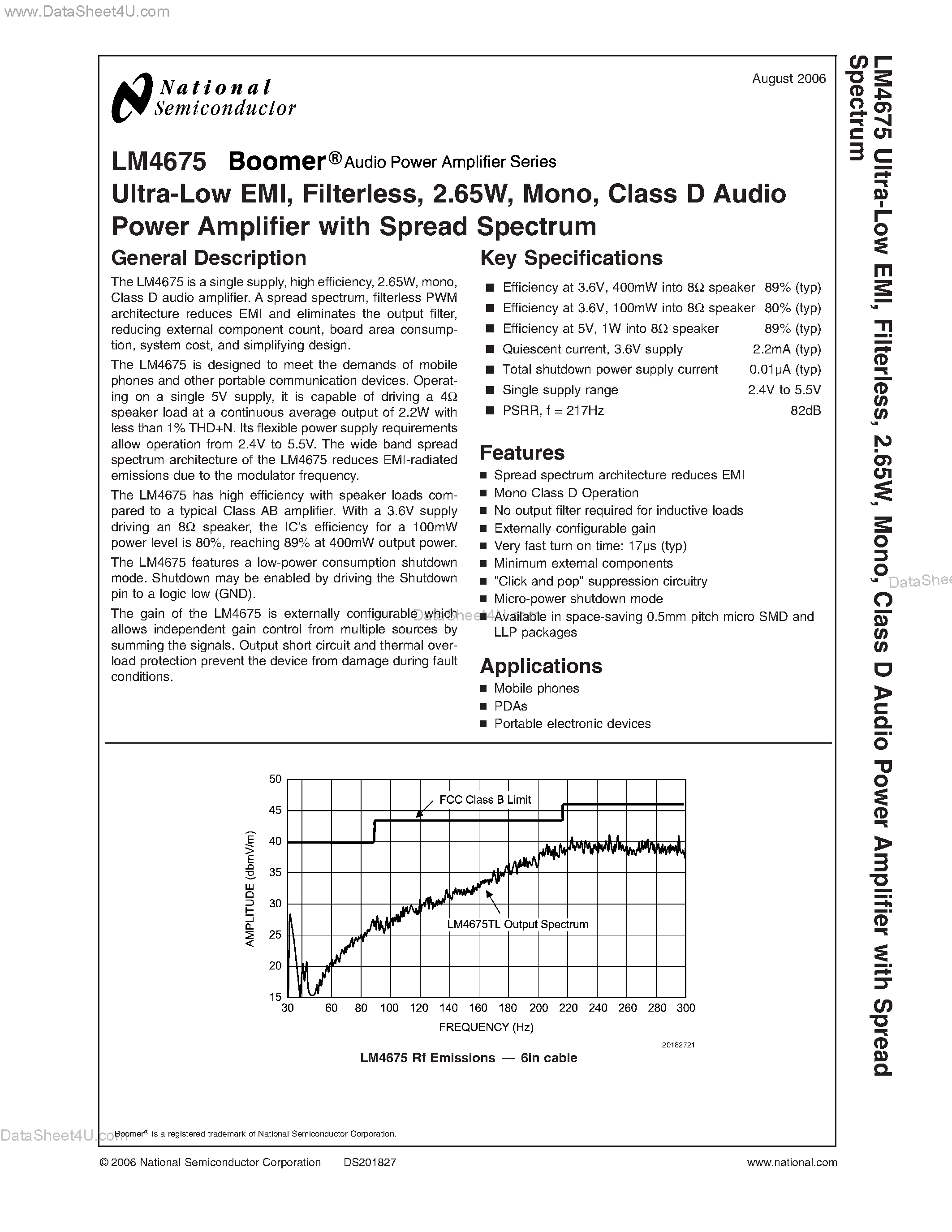 Даташит LM4675 - Class D Audio Power Amplifier страница 1