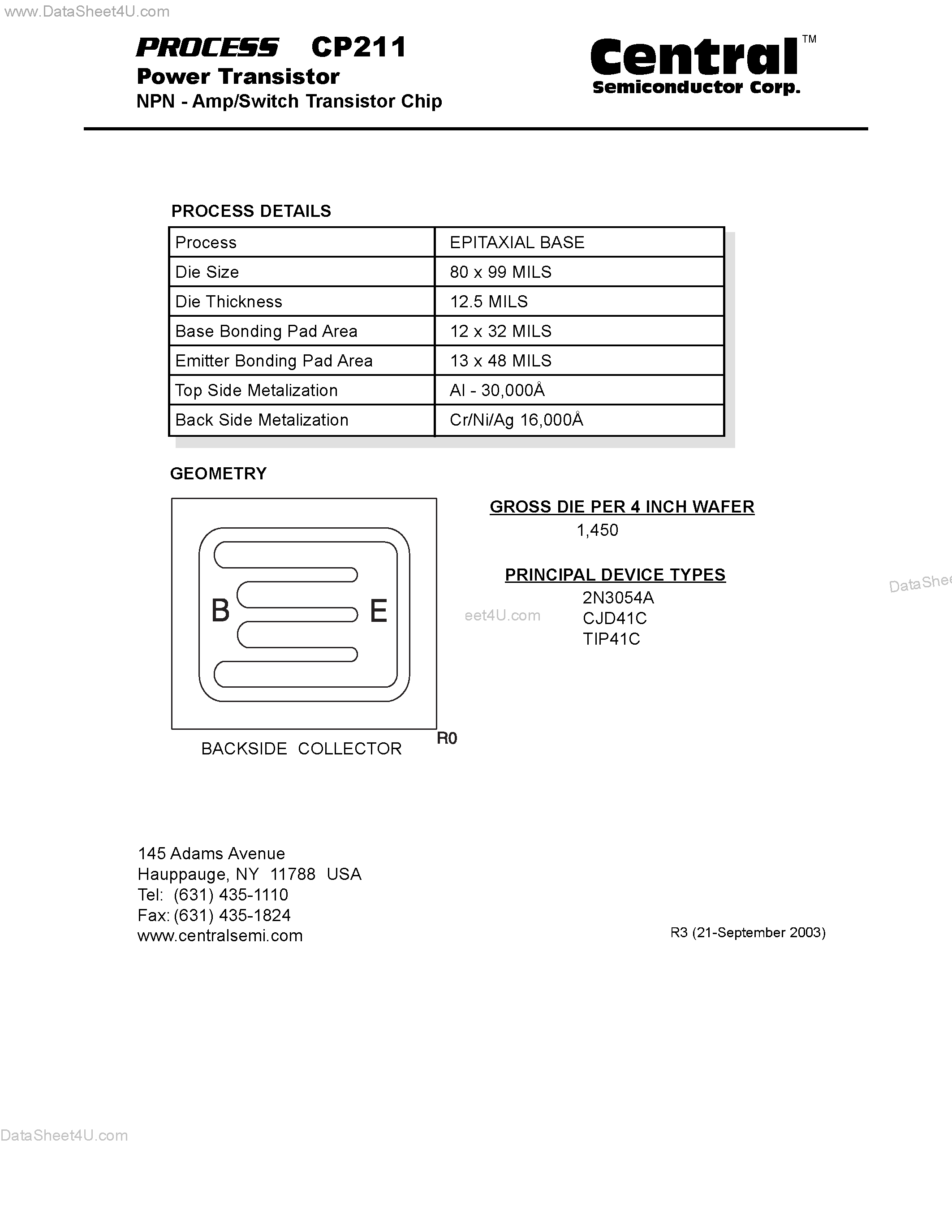 Datasheet CP211 - Power Transistor NPN - Amp/Switch Transistor Chip page 1