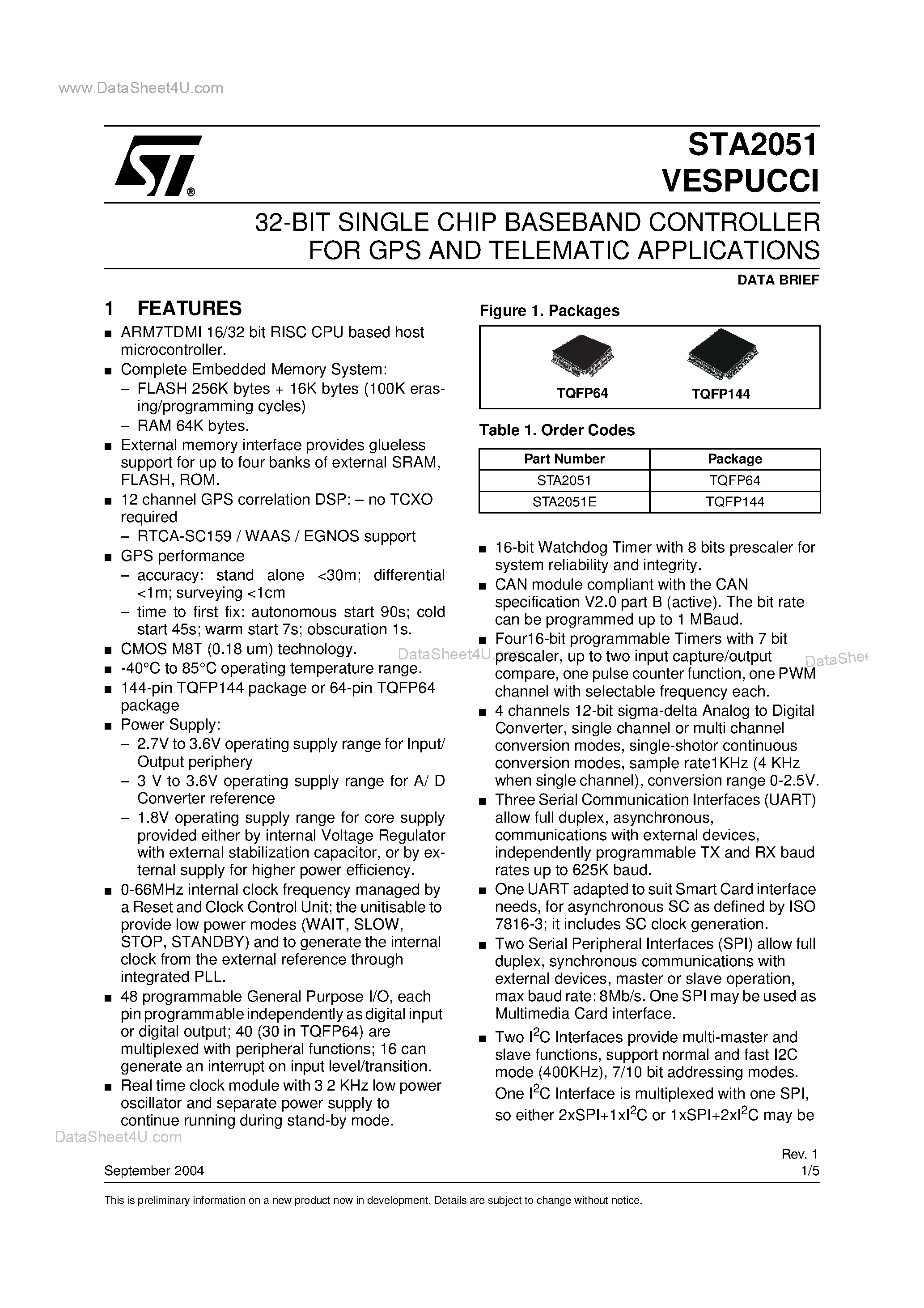 Datasheet STA2051 - 32-BIT SINGLE CHIP BASEBAND CONTROLLER FOR GPS AND TELEMATIC APPLICATIONS page 1