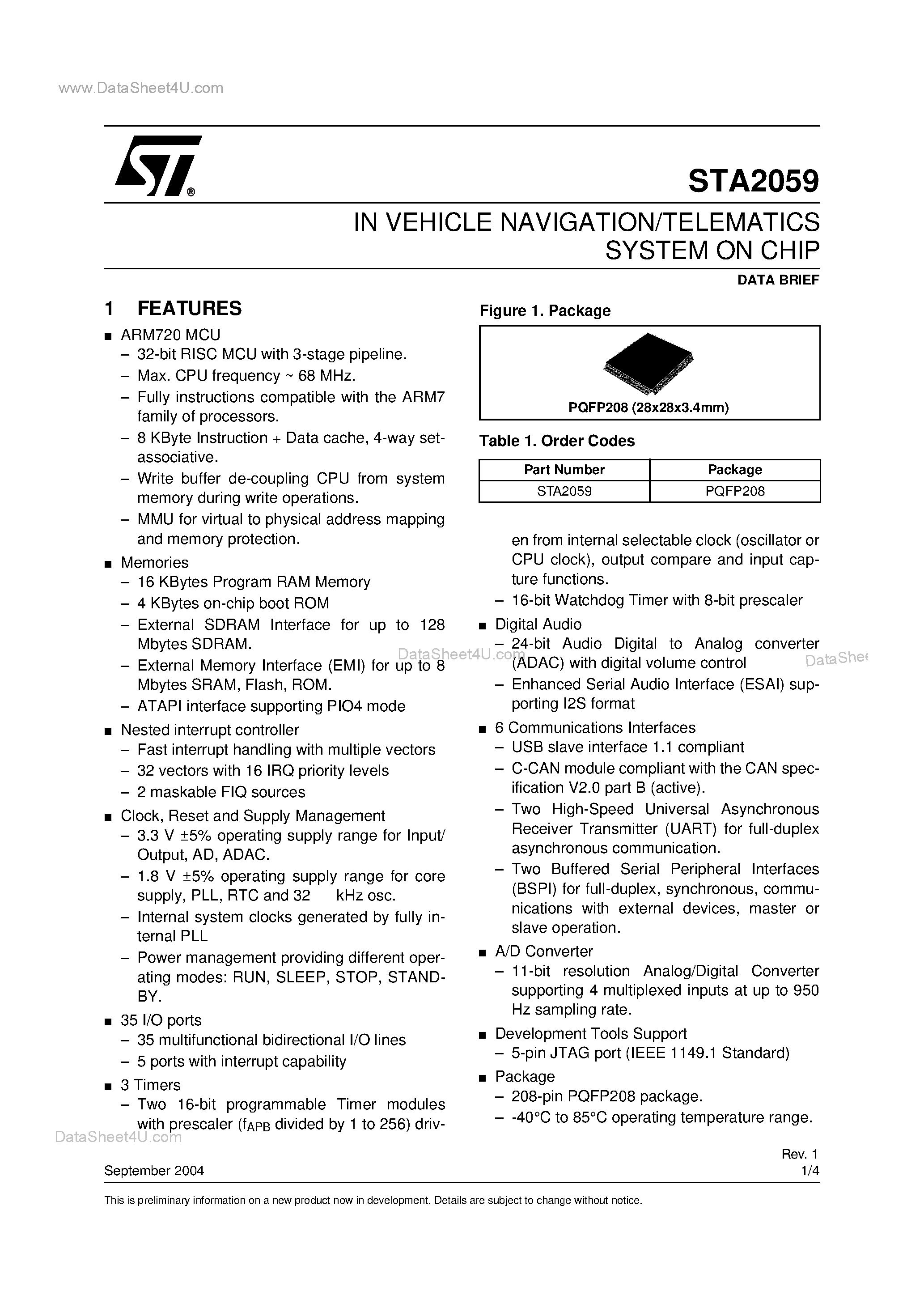 Datasheet STA2059 - IN VEHICLE NAVIGATION/TELEMATICS SYSTEM ON CHIP page 1