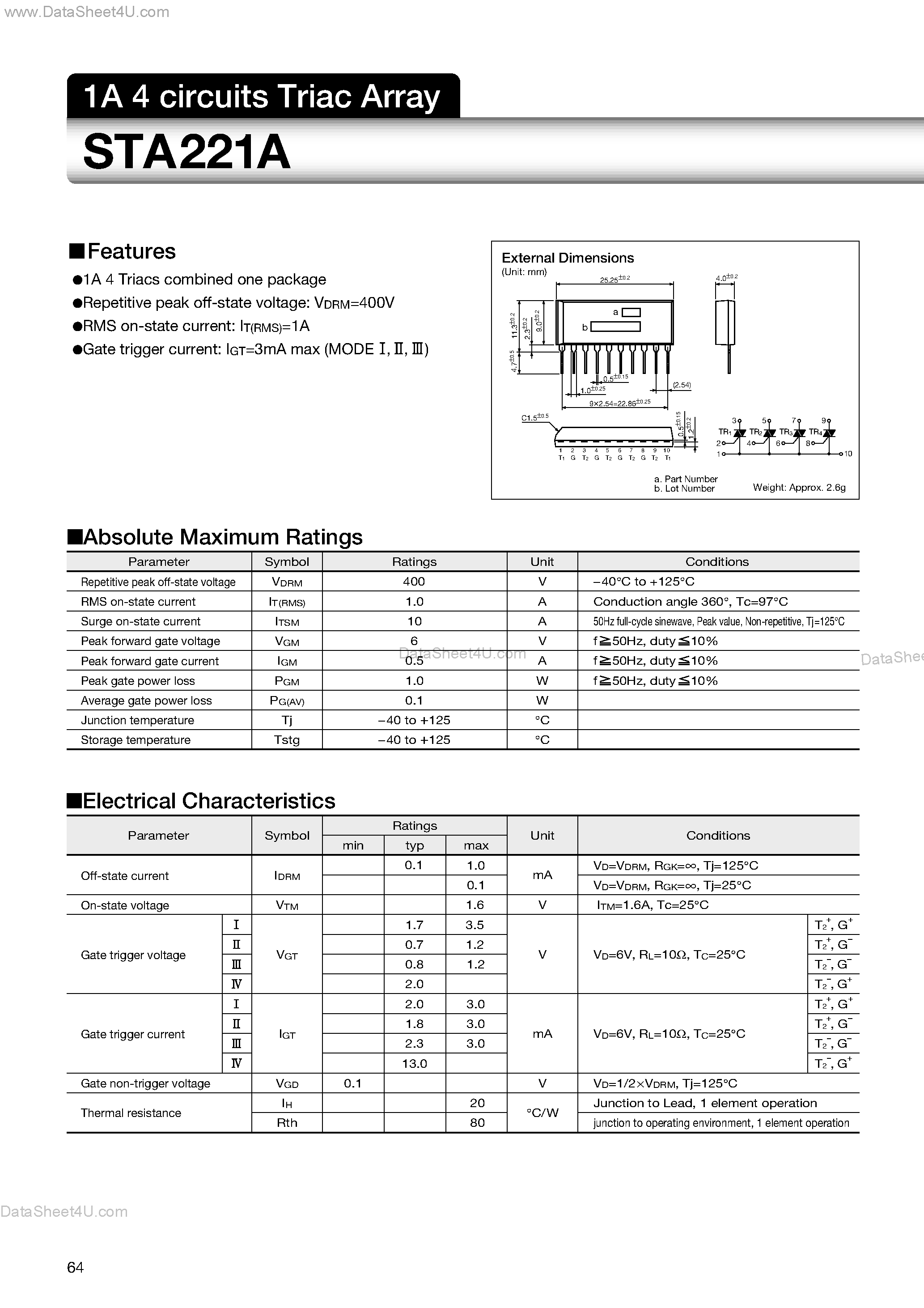 Даташит STA221A - 1A 4 circuits Triac Array страница 1