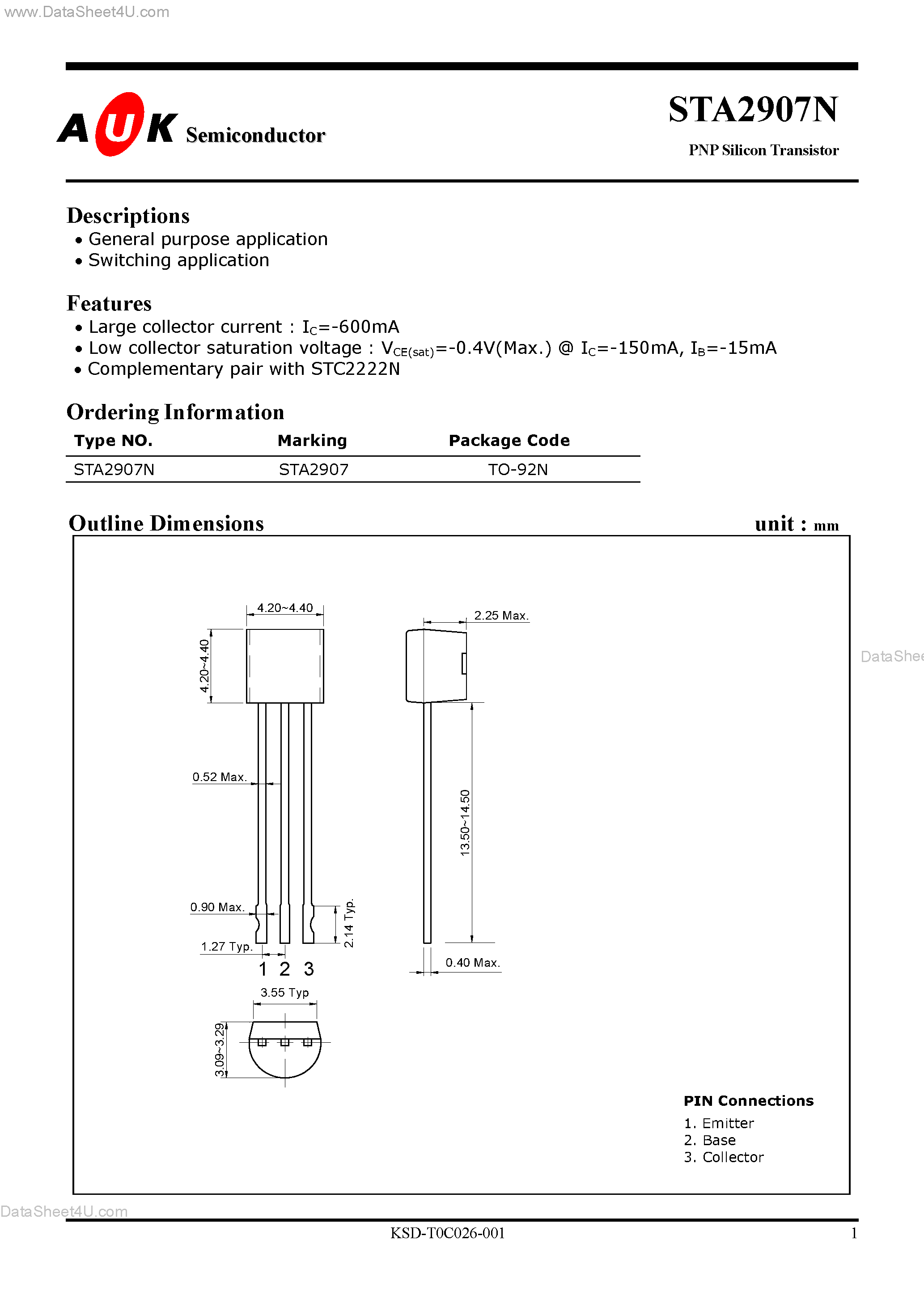 Даташит STA2907N - PNP Silicon Transistor страница 1