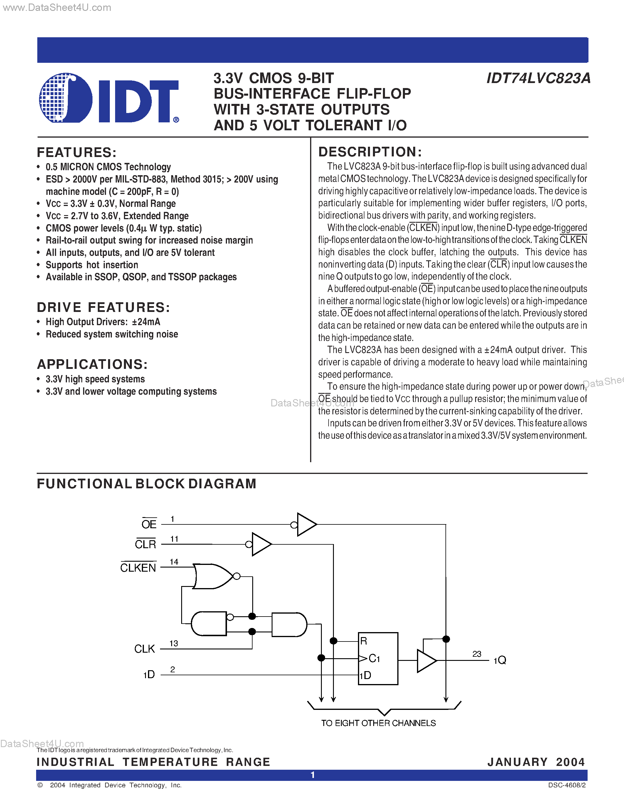 Даташит IDT74LVC823A - 3.3V CMOS 9-BIT BUS-INTERFACE FLIP-FLOP WITH 3-STATE OUTPUTS AND 5 VOLT TOLERANT I/O страница 1