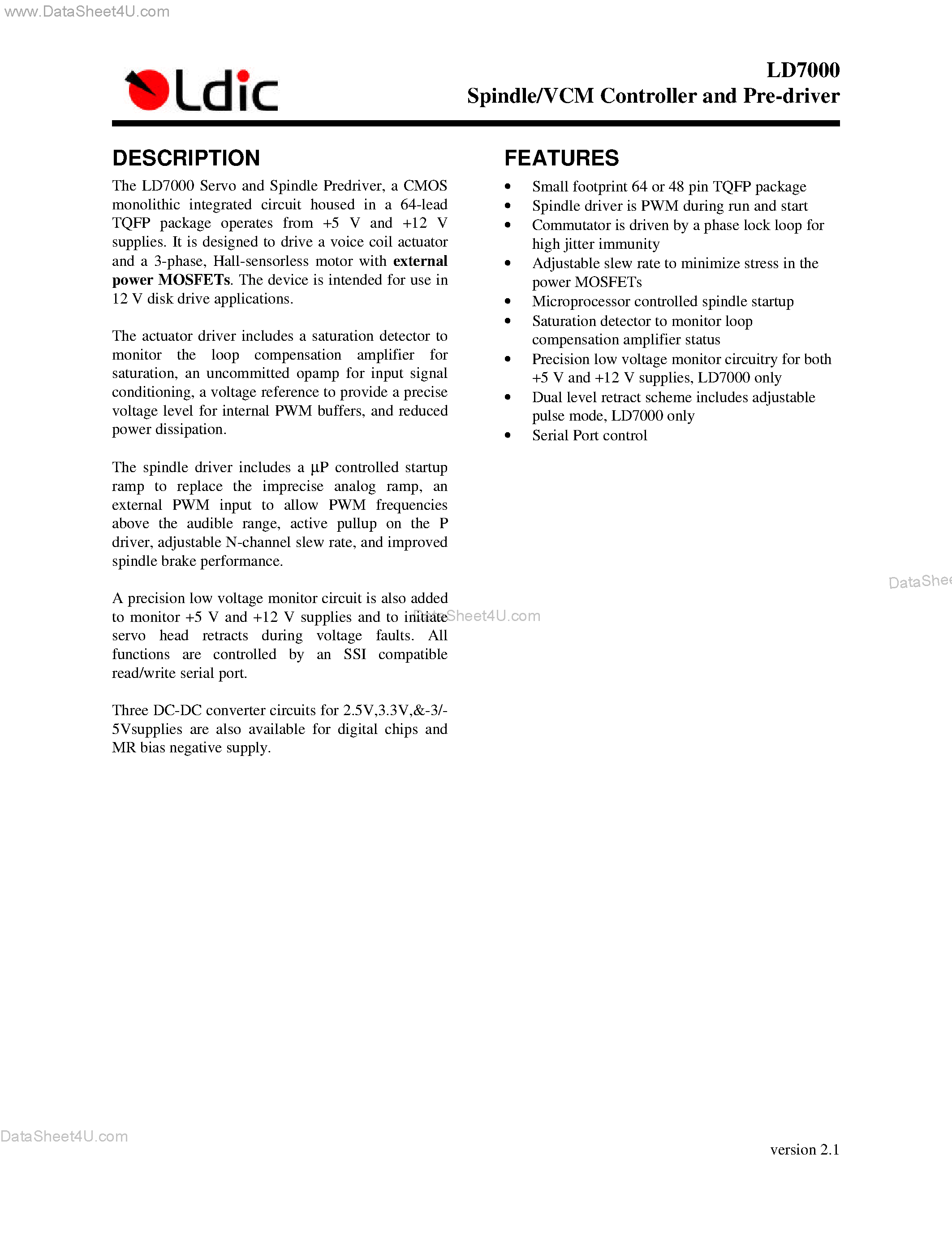 Даташит LD7000 - Spindle/VCM Controller and Pre-driver страница 1