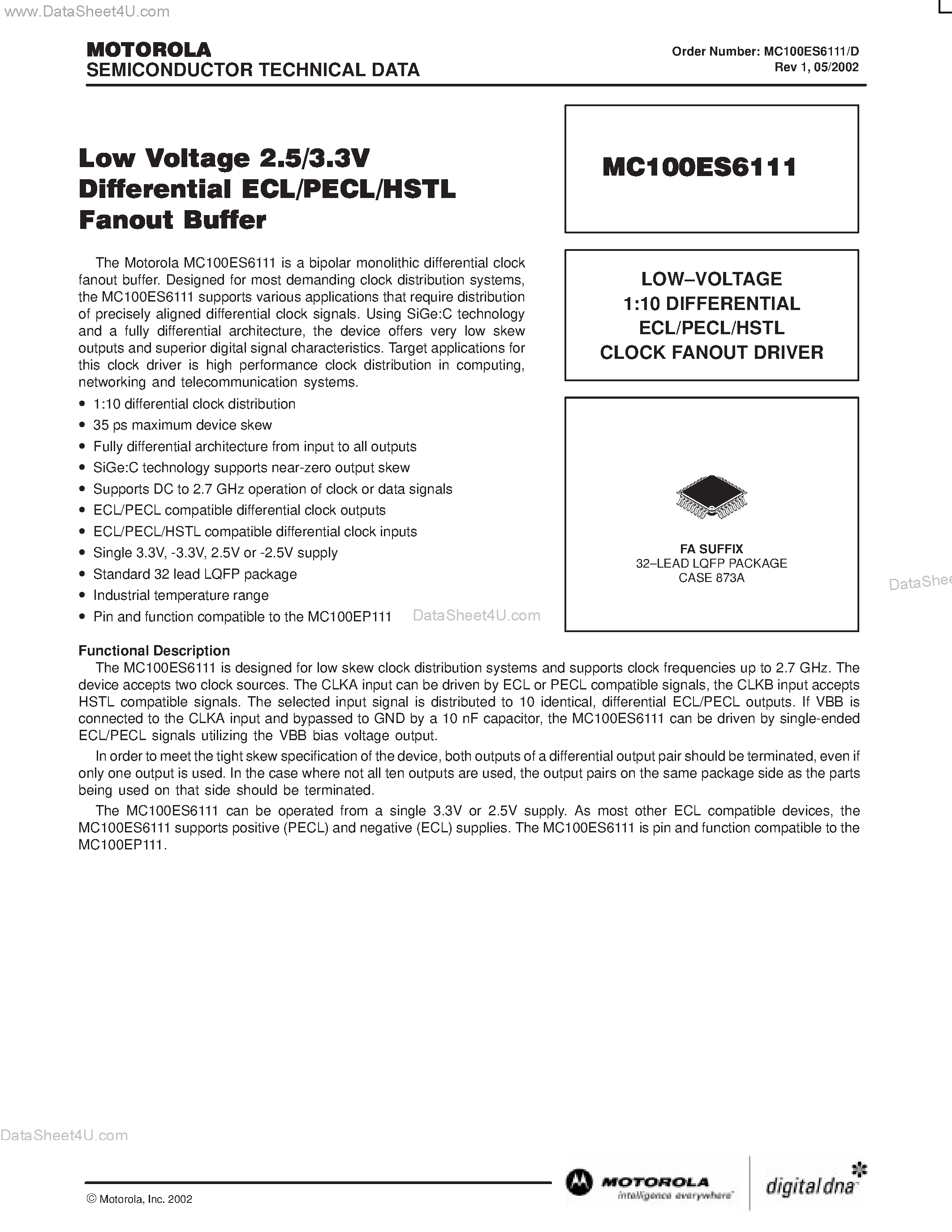 Datasheet MC100ES6111 - LOW VOLTAGE 2.5/3.3V DIFFIERENTIAL ECL / PECL/ HSTL FANOUT BUFFER page 1