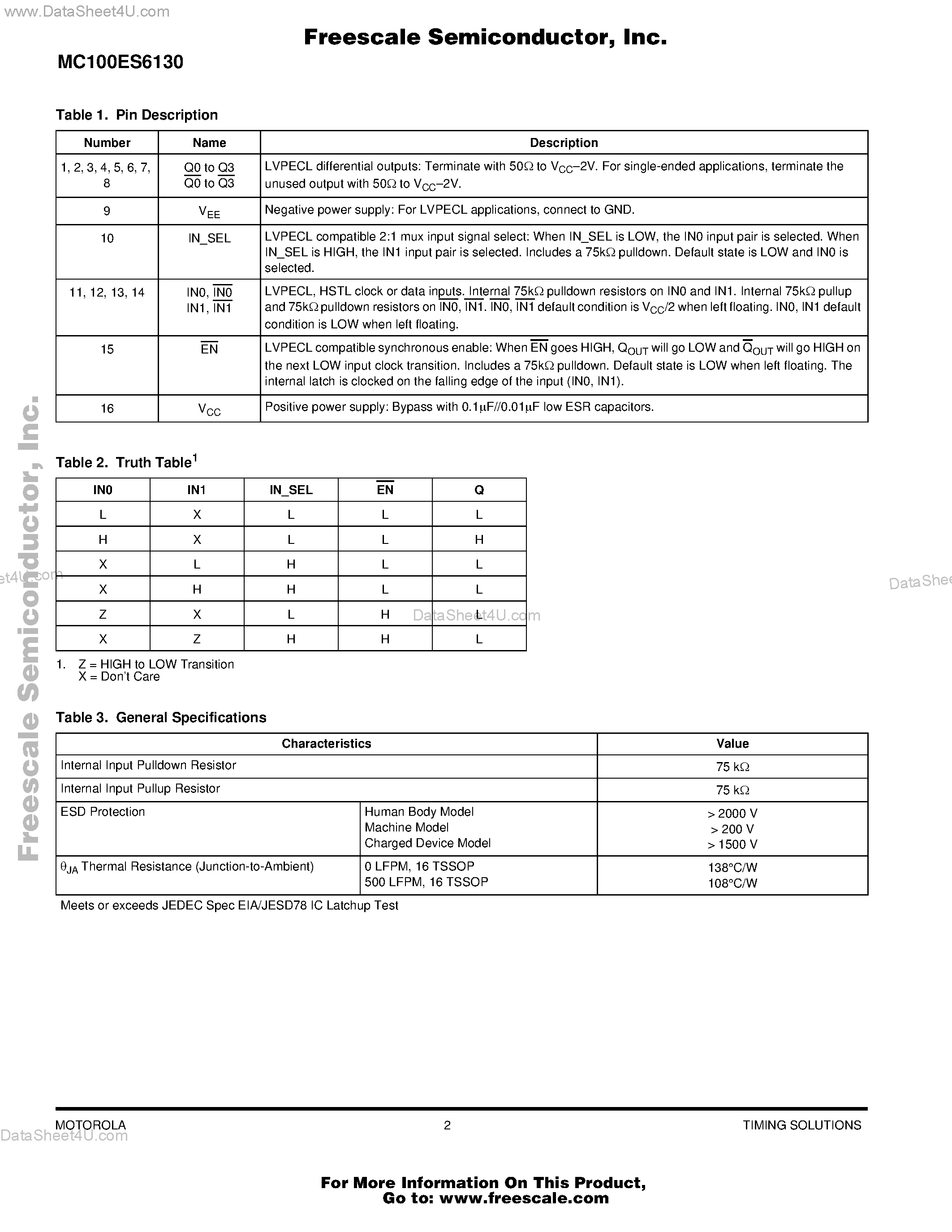 Datasheet MC100ES6130 - 2.5/3.3V 1:4 PECL Clock Driver with 2:1 Input MUX page 2