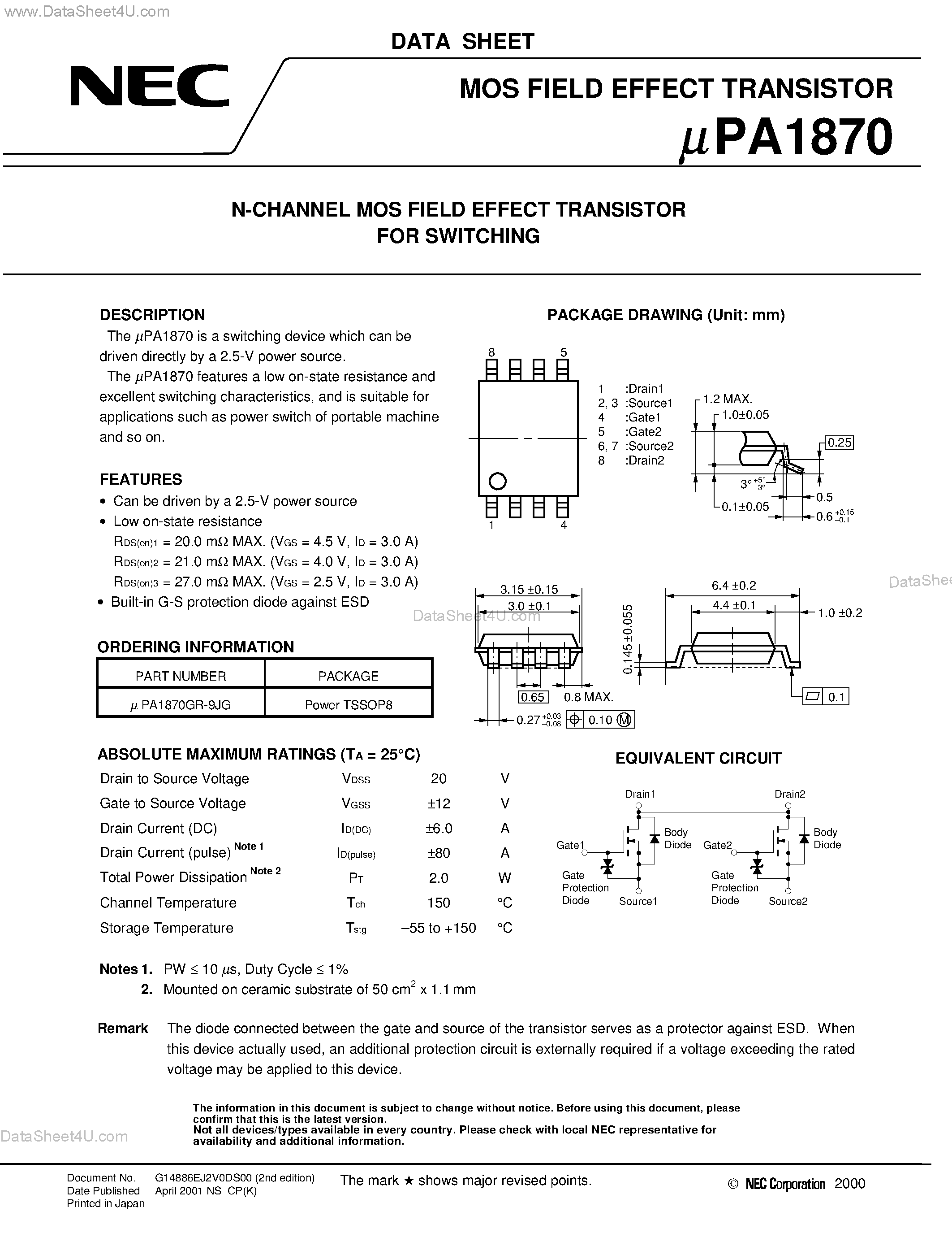 Даташит UPA1870 - N-CHANNEL MOS FIELD EFFECT TRANSISTOR FOR SWITCHING страница 1