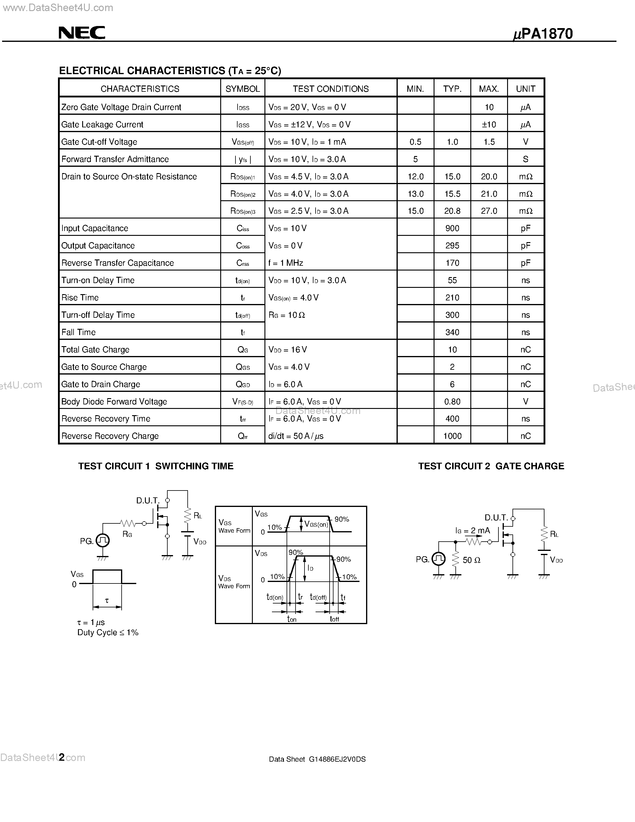 Даташит UPA1870 - N-CHANNEL MOS FIELD EFFECT TRANSISTOR FOR SWITCHING страница 2