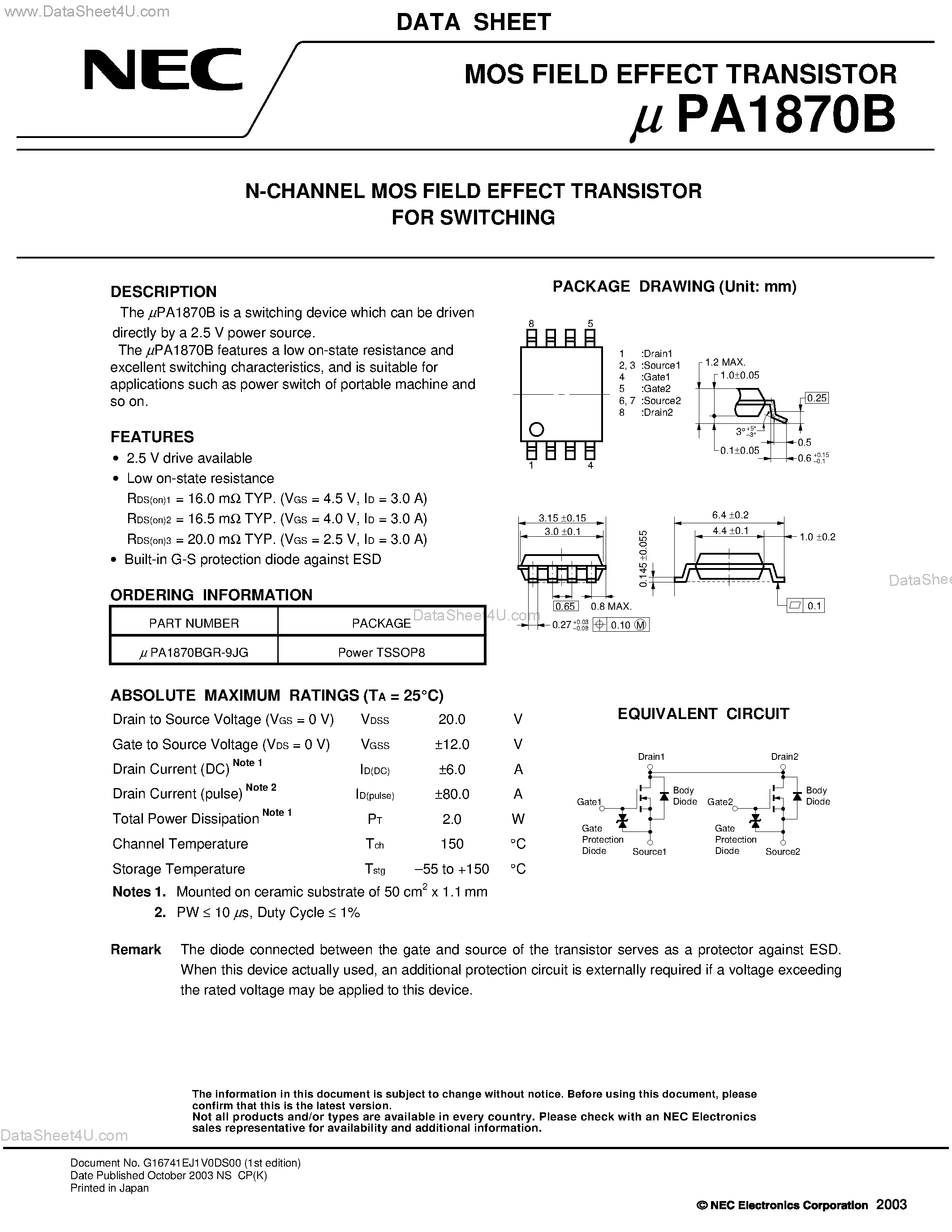 Даташит UPA1870B - N-CHANNEL MOS FIELD EFFECT TRANSISTOR FOR SWITCHING страница 1