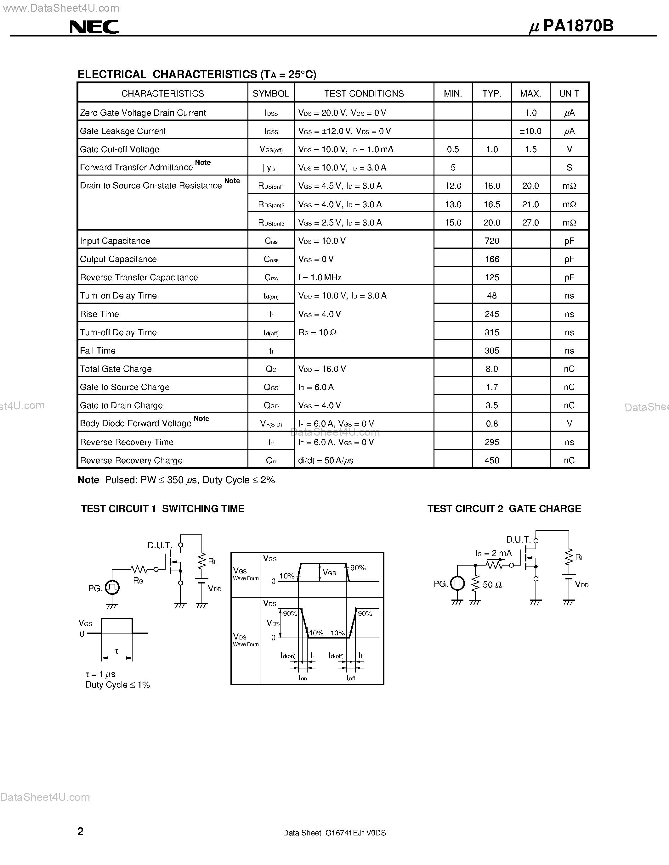 Даташит UPA1870B - N-CHANNEL MOS FIELD EFFECT TRANSISTOR FOR SWITCHING страница 2