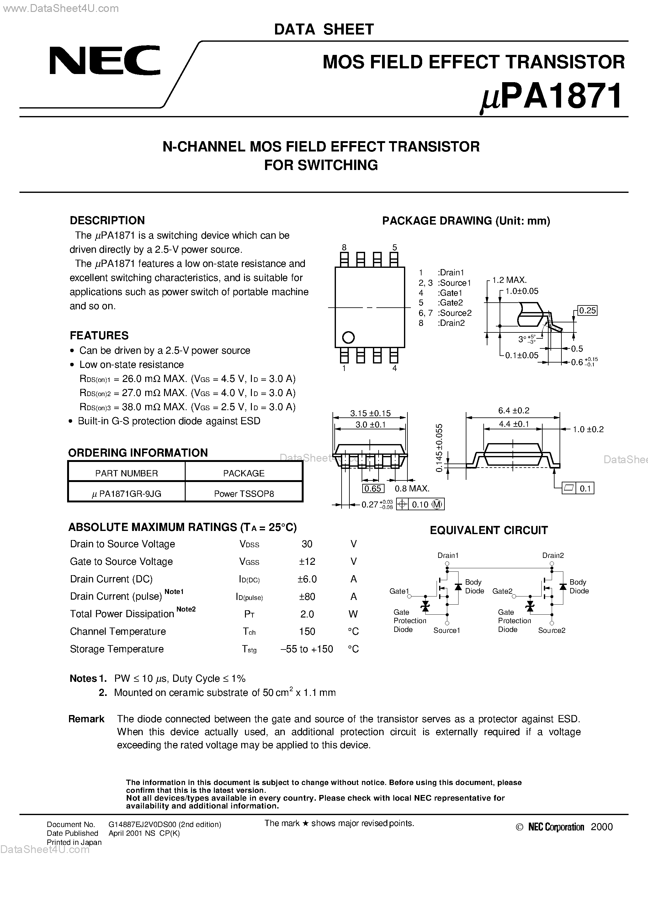 Даташит UPA1871 - N-CHANNEL MOS FIELD EFFECT TRANSISTOR FOR SWITCHING страница 1