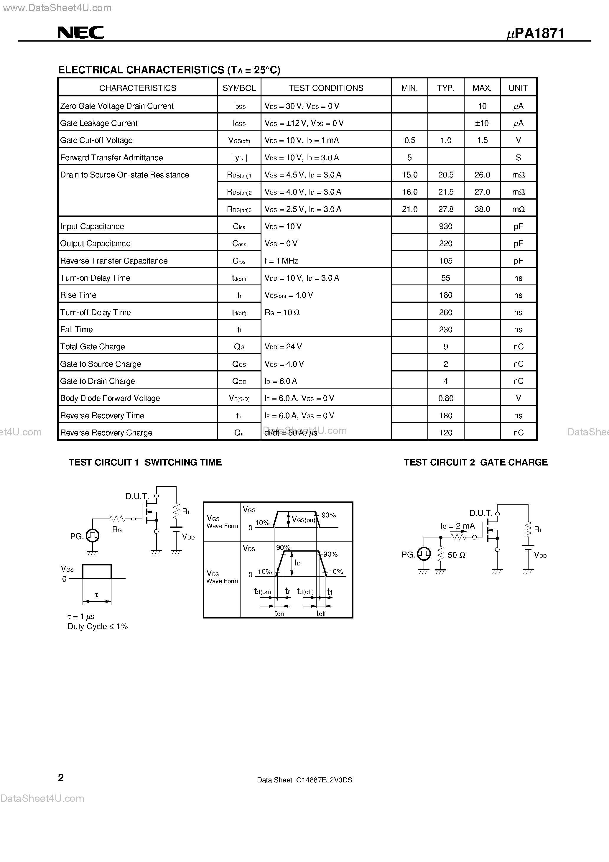 Даташит UPA1871 - N-CHANNEL MOS FIELD EFFECT TRANSISTOR FOR SWITCHING страница 2