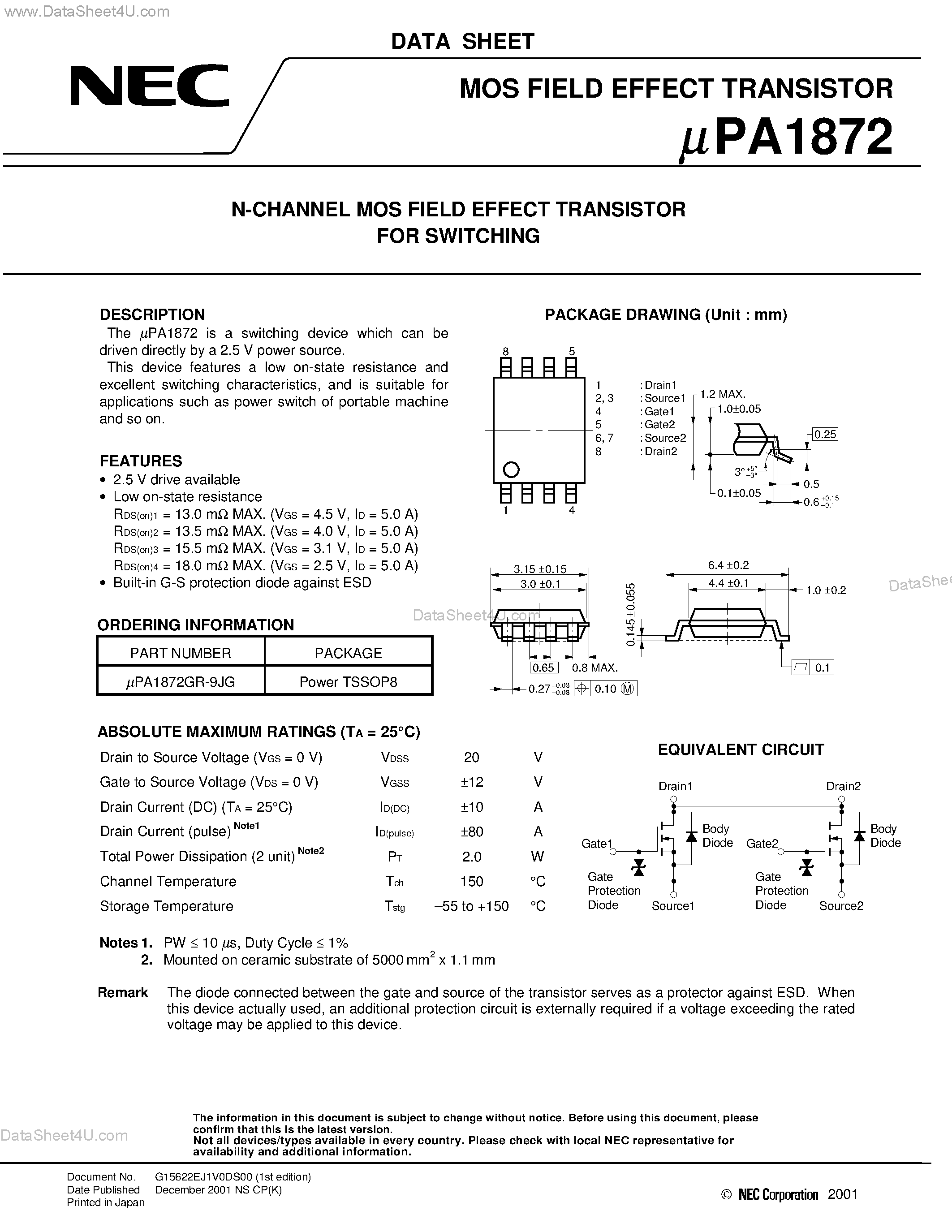 Даташит UPA1872 - N-CHANNEL MOS FIELD EFFECT TRANSISTOR FOR SWITCHING страница 1