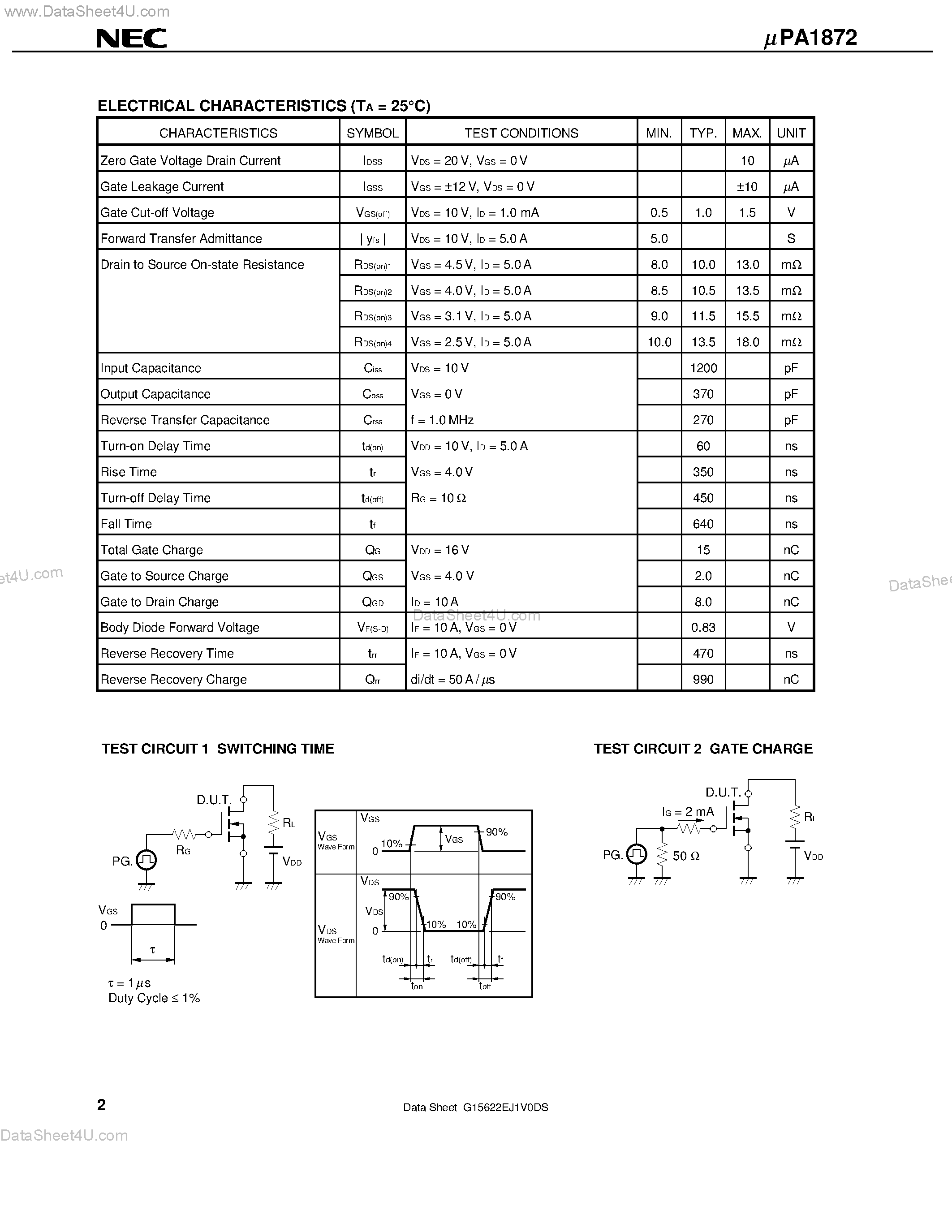 Даташит UPA1872 - N-CHANNEL MOS FIELD EFFECT TRANSISTOR FOR SWITCHING страница 2