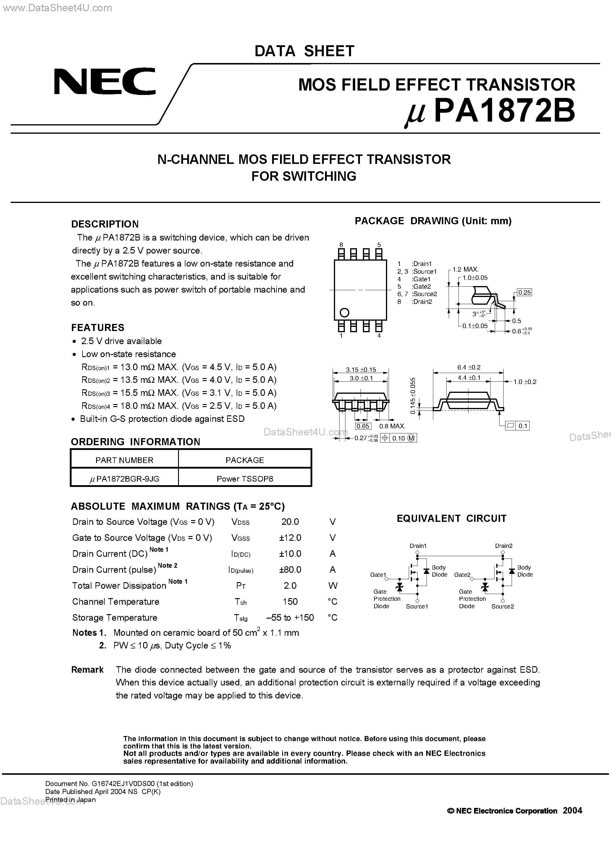 Даташит UPA1872B - N-CHANNEL MOS FIELD EFFECT TRANSISTOR FOR SWITCHING страница 1