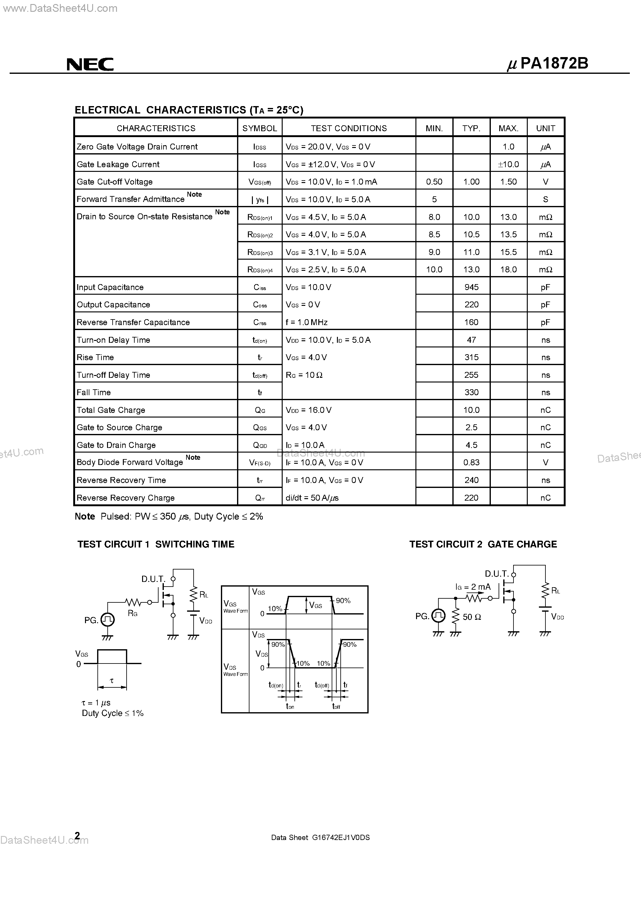 Даташит UPA1872B - N-CHANNEL MOS FIELD EFFECT TRANSISTOR FOR SWITCHING страница 2