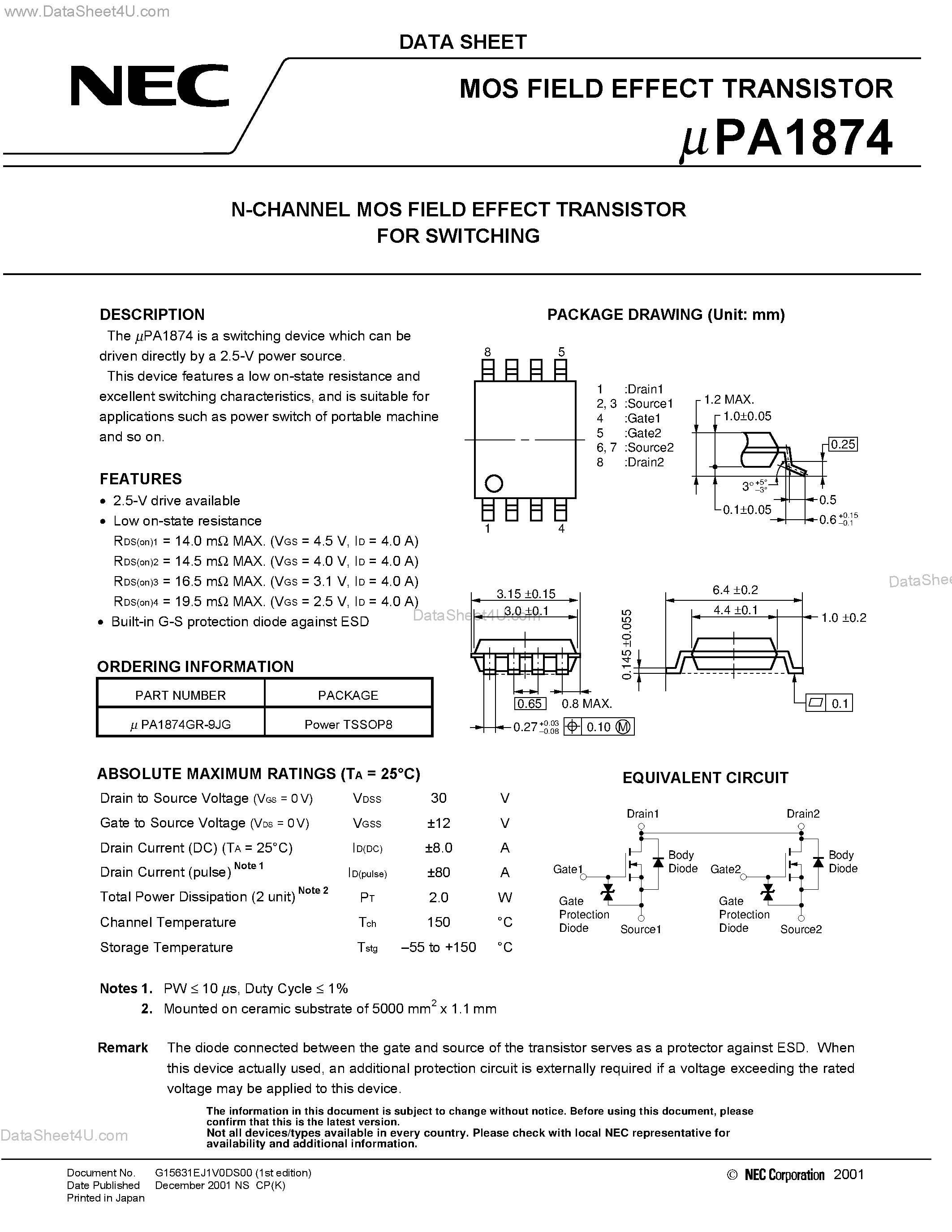 Даташит UPA1874 - N-CHANNEL MOS FIELD EFFECT TRANSISTOR FOR SWITCHING страница 1