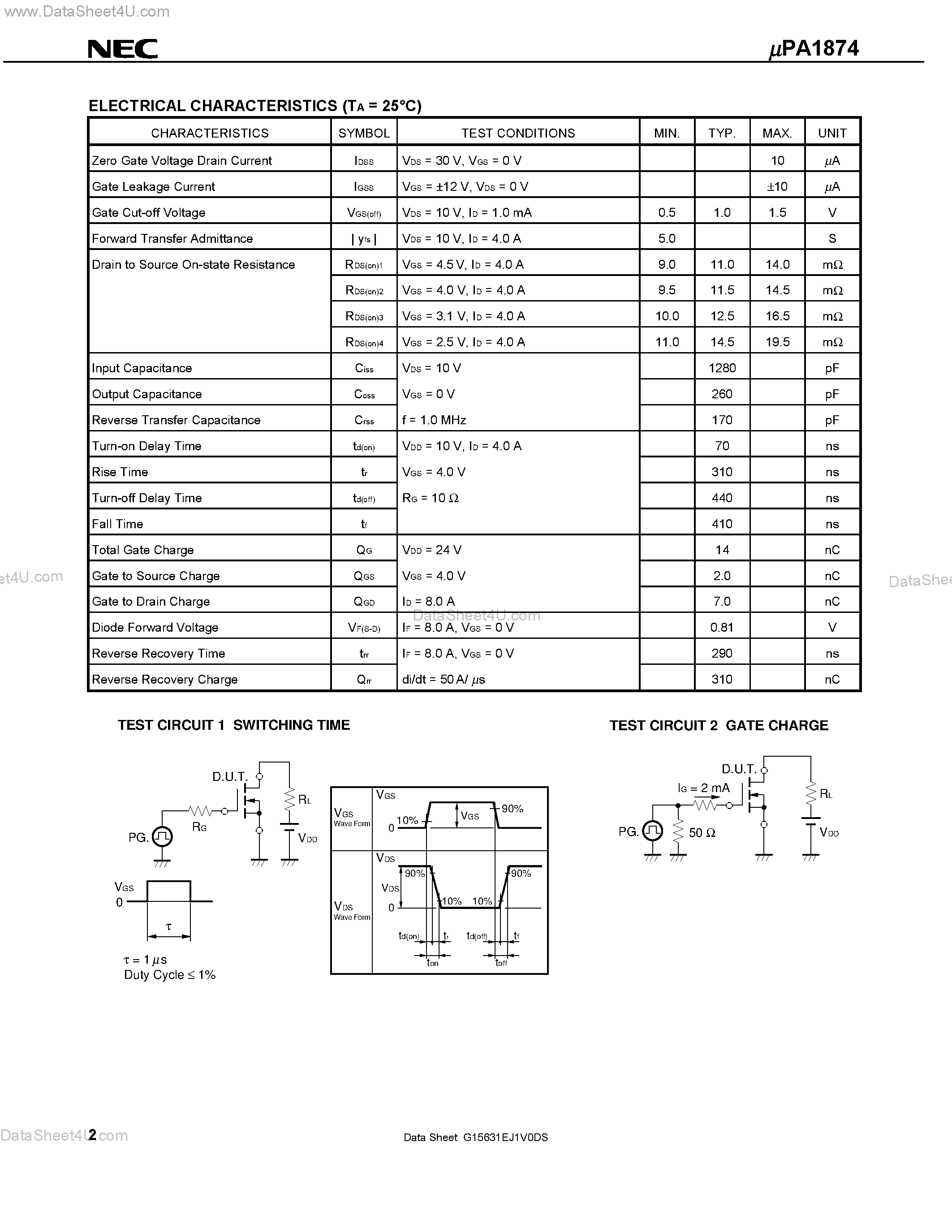 Даташит UPA1874 - N-CHANNEL MOS FIELD EFFECT TRANSISTOR FOR SWITCHING страница 2