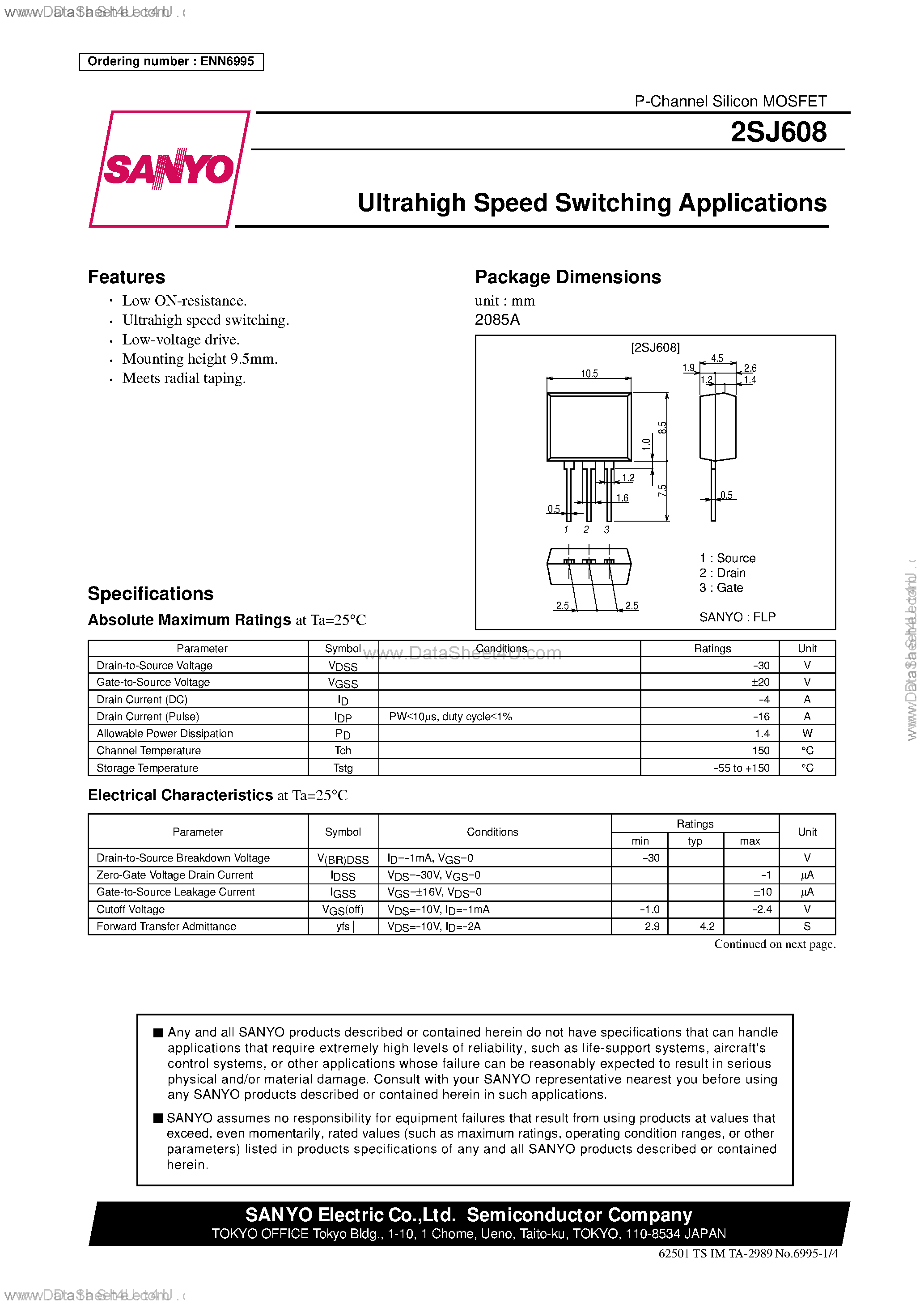 Даташит 2SJ608 - Ultrahigh Speed Switching Applications страница 1