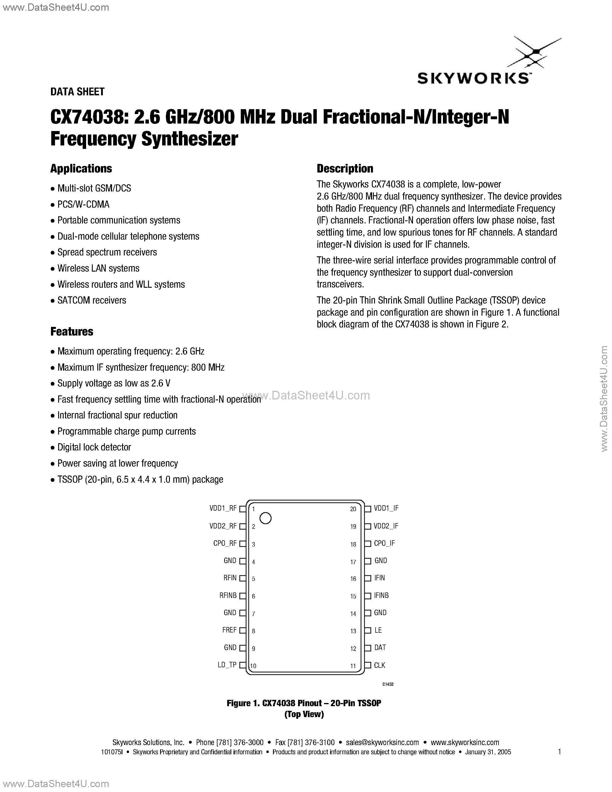 Даташит CX74038 - 2.6 GHz/800 MHz Dual Fractional-N/lnteger-N Frequency Synthesizer страница 1