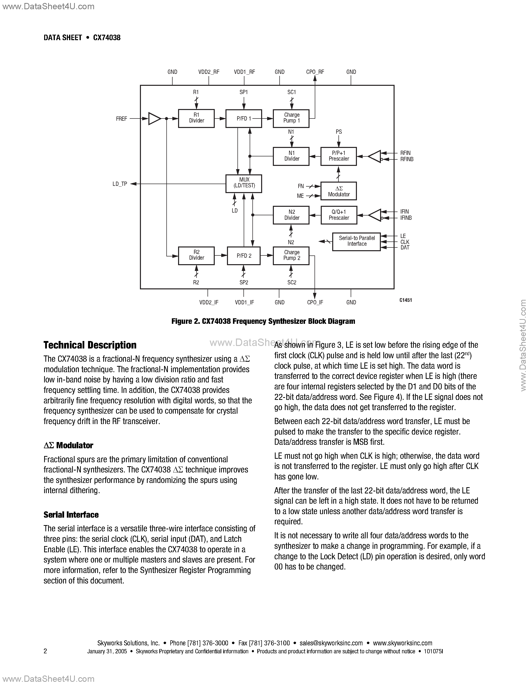 Даташит CX74038 - 2.6 GHz/800 MHz Dual Fractional-N/lnteger-N Frequency Synthesizer страница 2