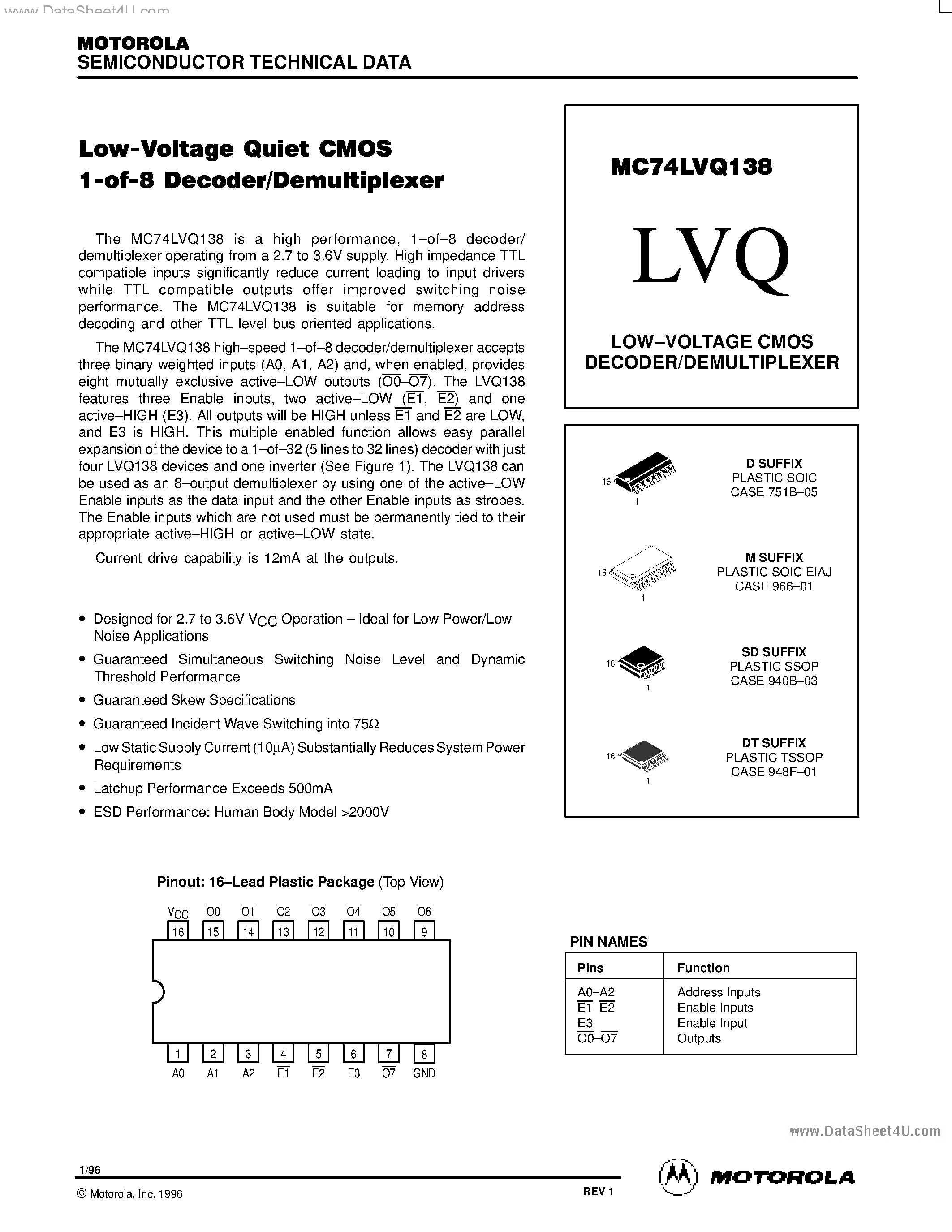 Даташит MC74LVQ138 - LOW-VOLTAGE CMOS DECODER/DEMULTIPLEXER страница 1