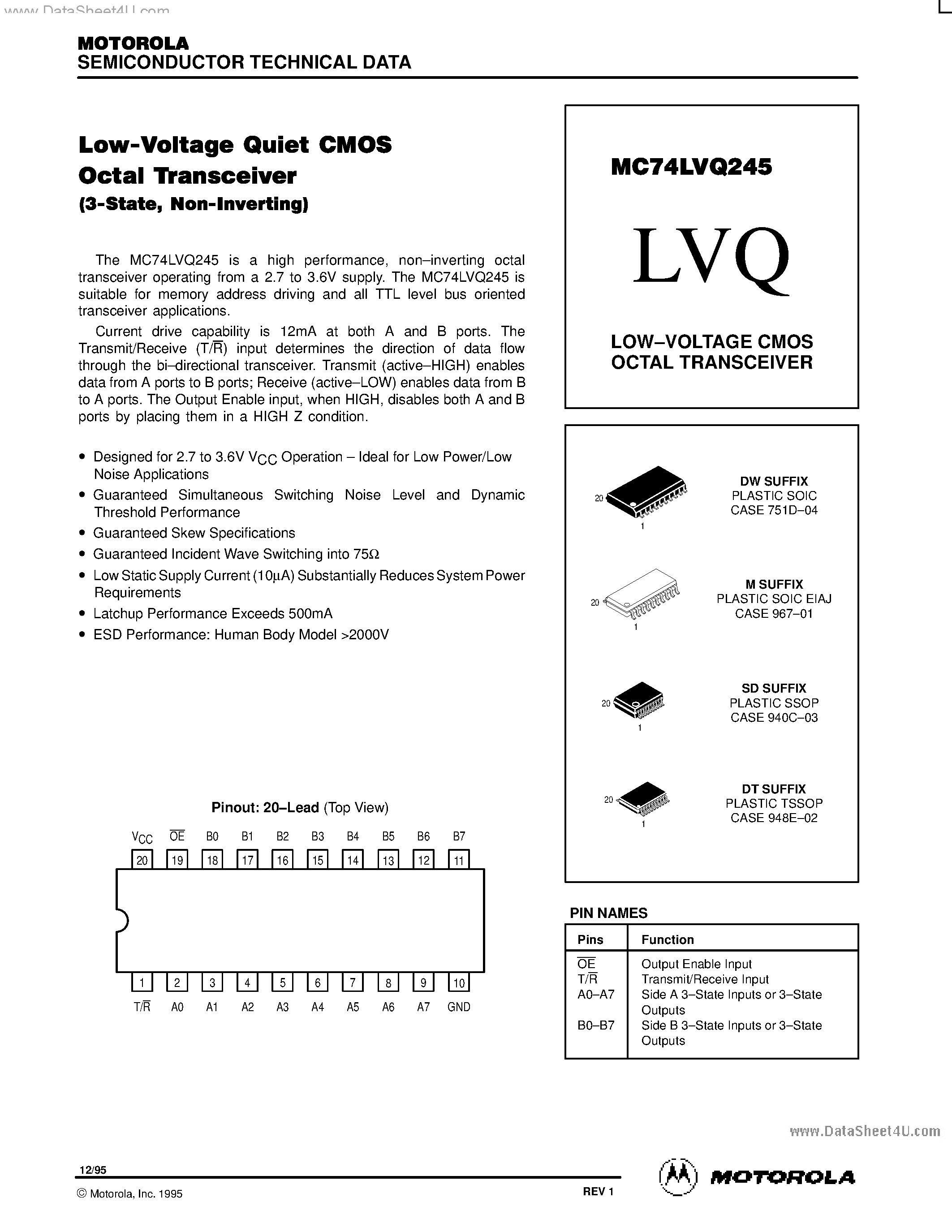 Даташит MC74LVQ245 - LOW-VOLTAGE CMOS OCTAL TRANSCEIVER страница 1